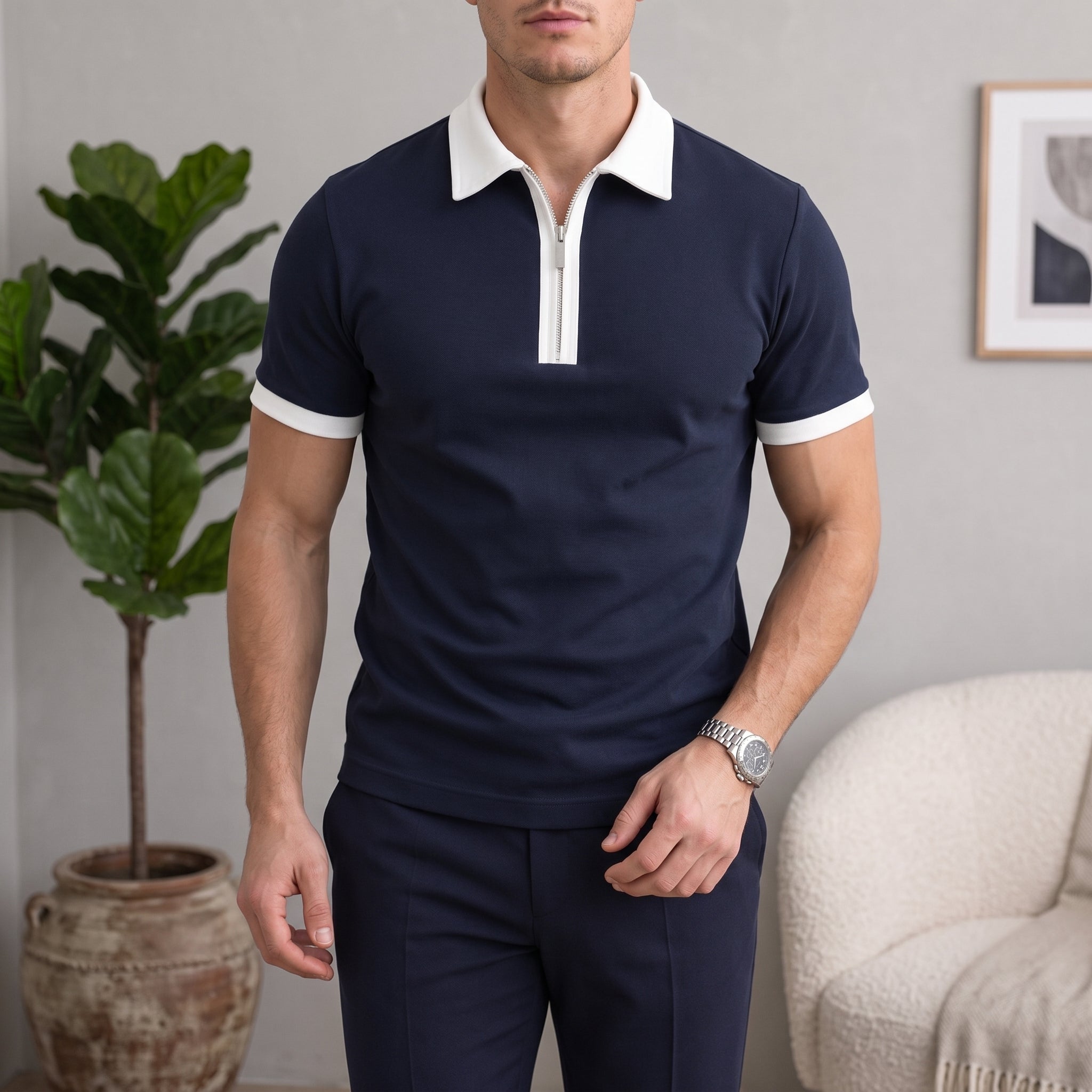 Edward - Men's Summer Contrast Collar Trim Zip Polo Shirt - Polos - Navy Blue - Taylor & Bennett