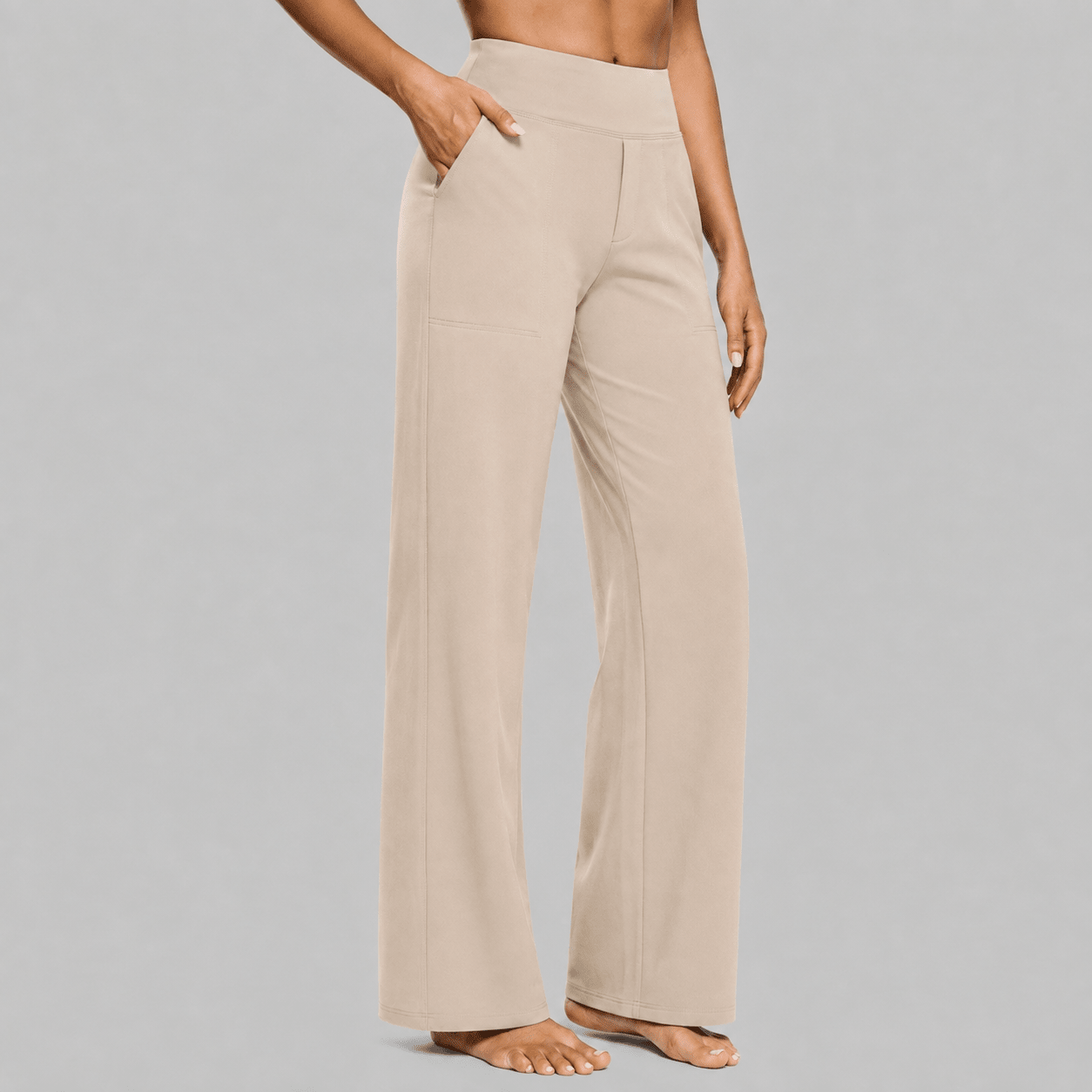 Eleanor - Women's High-Waisted Wide-Leg Trousers with Pockets - Trousers - Cream - Taylor & Bennett