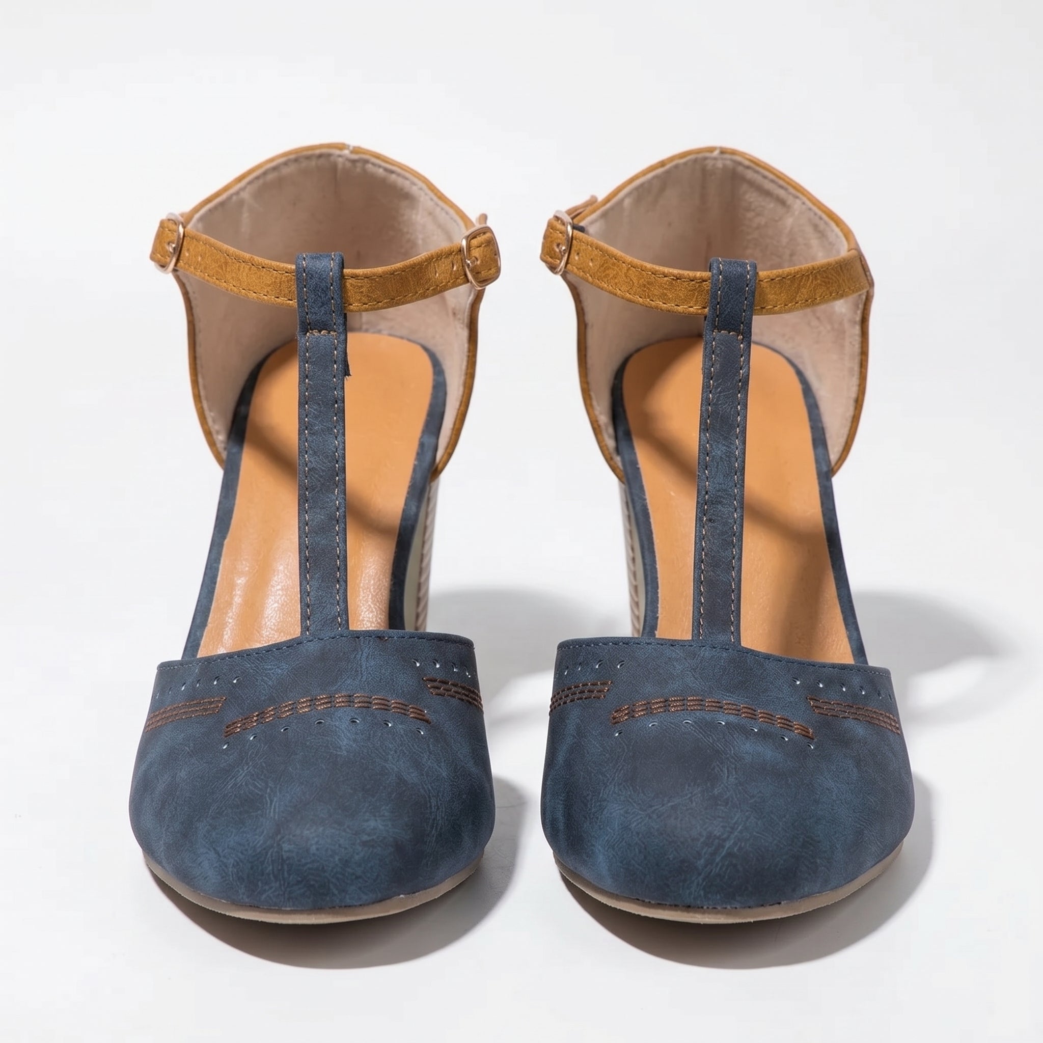 Eleanor - Women's T - Bar Block Heel Brogue Sandals - Brogue Sandals - Blue - Taylor & Bennett