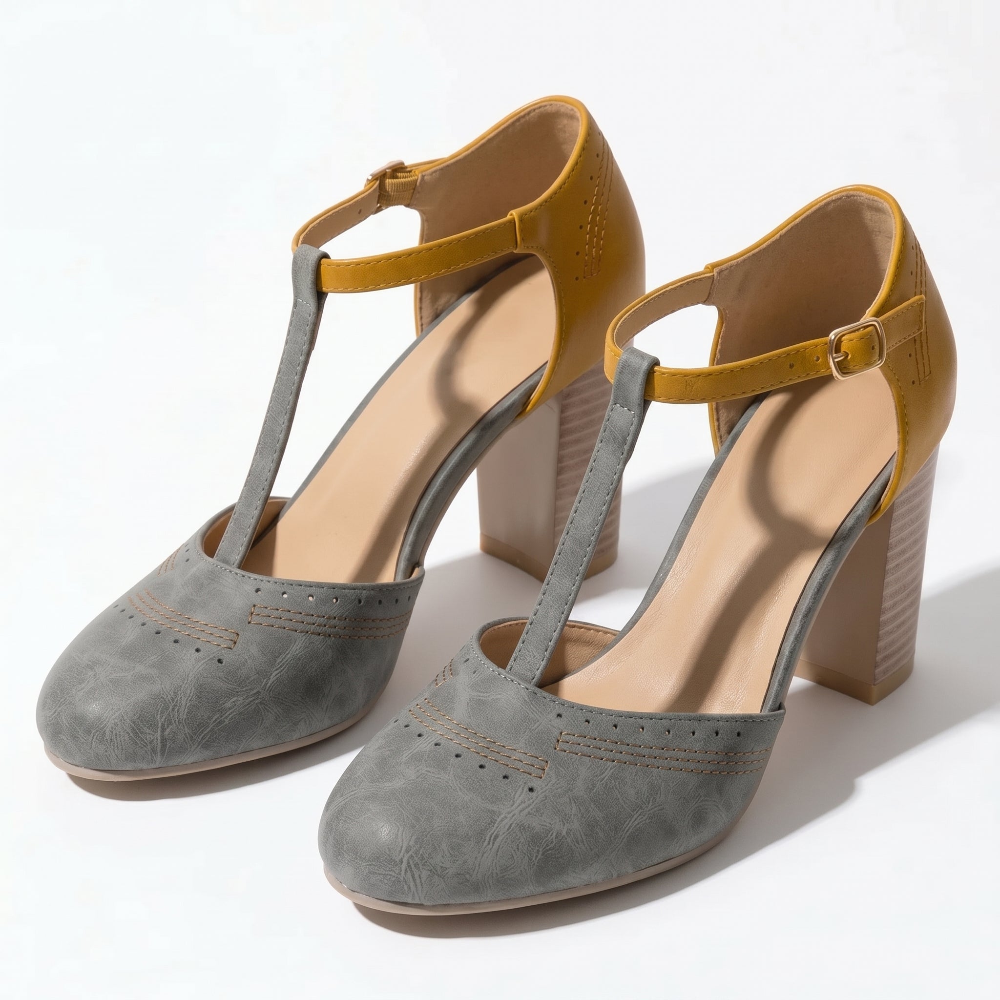 Eleanor - Women's T - Bar Block Heel Brogue Sandals - Brogue Sandals - Grey - Taylor & Bennett