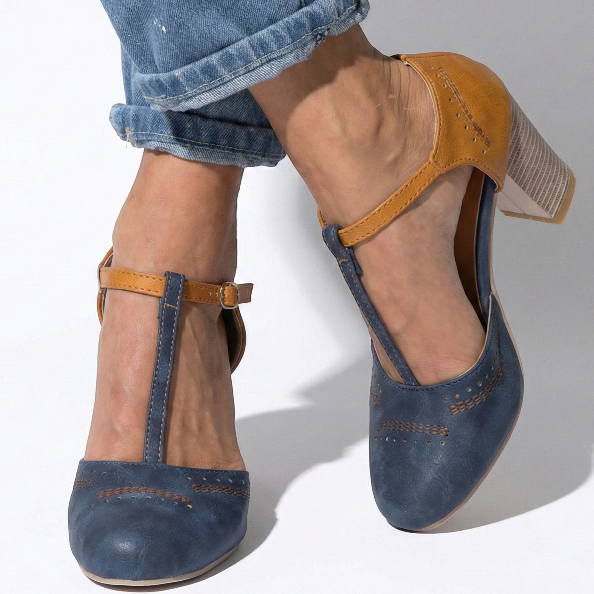 Eleanor - Women's T - Bar Block Heel Brogue Sandals - Brogue Sandals - Blue - Taylor & Bennett
