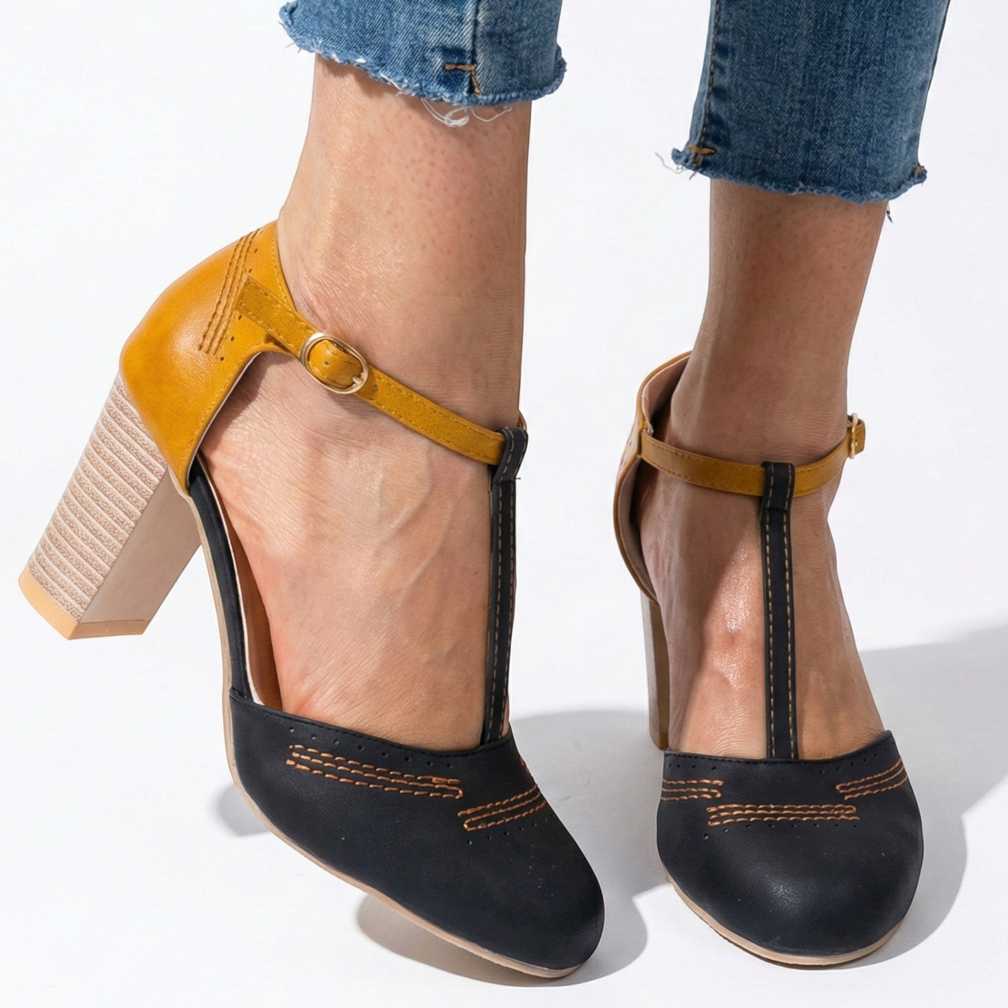 Eleanor - Women's T - Bar Block Heel Brogue Sandals - Brogue Sandals - Black - Taylor & Bennett