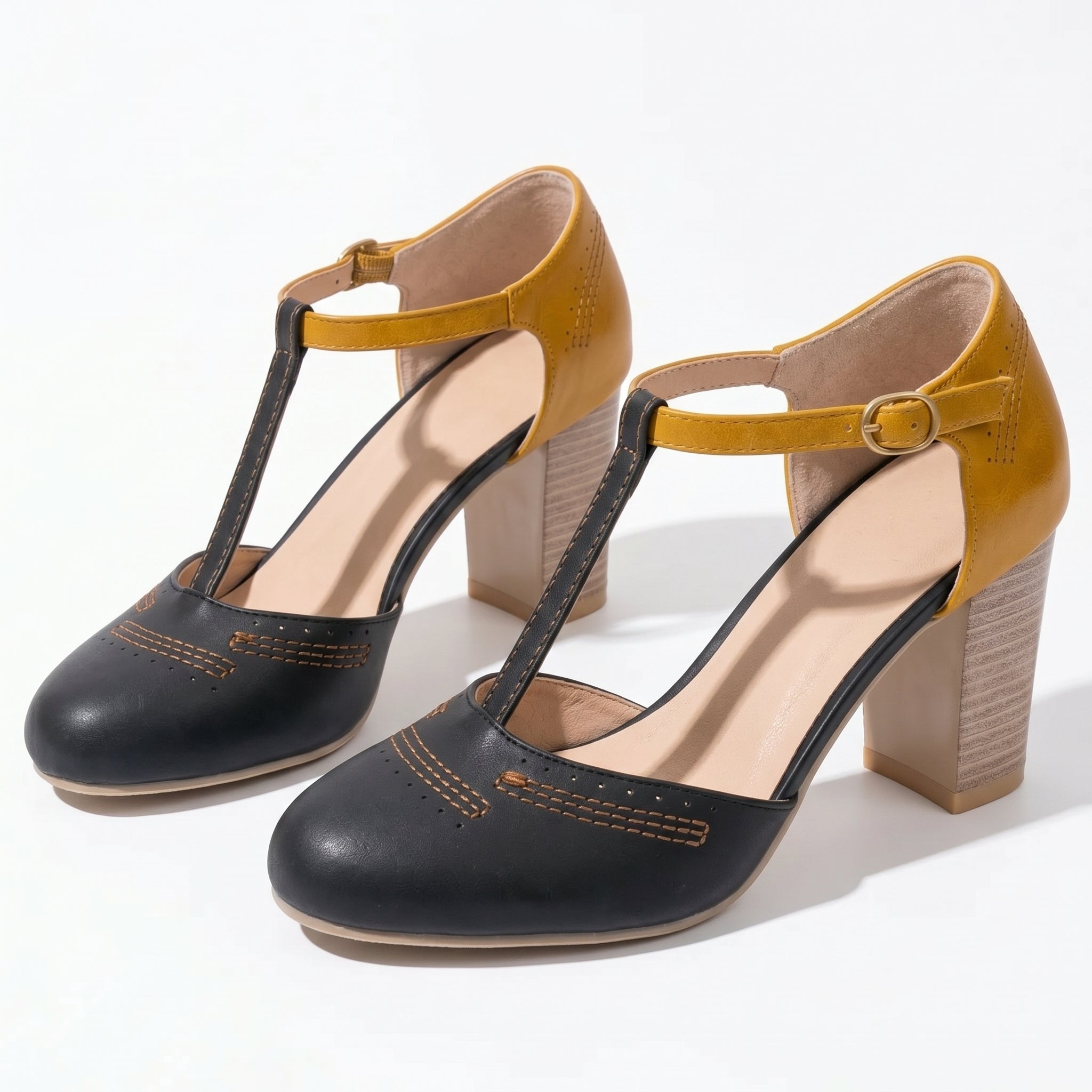 Eleanor - Women's T - Bar Block Heel Brogue Sandals - Brogue Sandals - Black - Taylor & Bennett