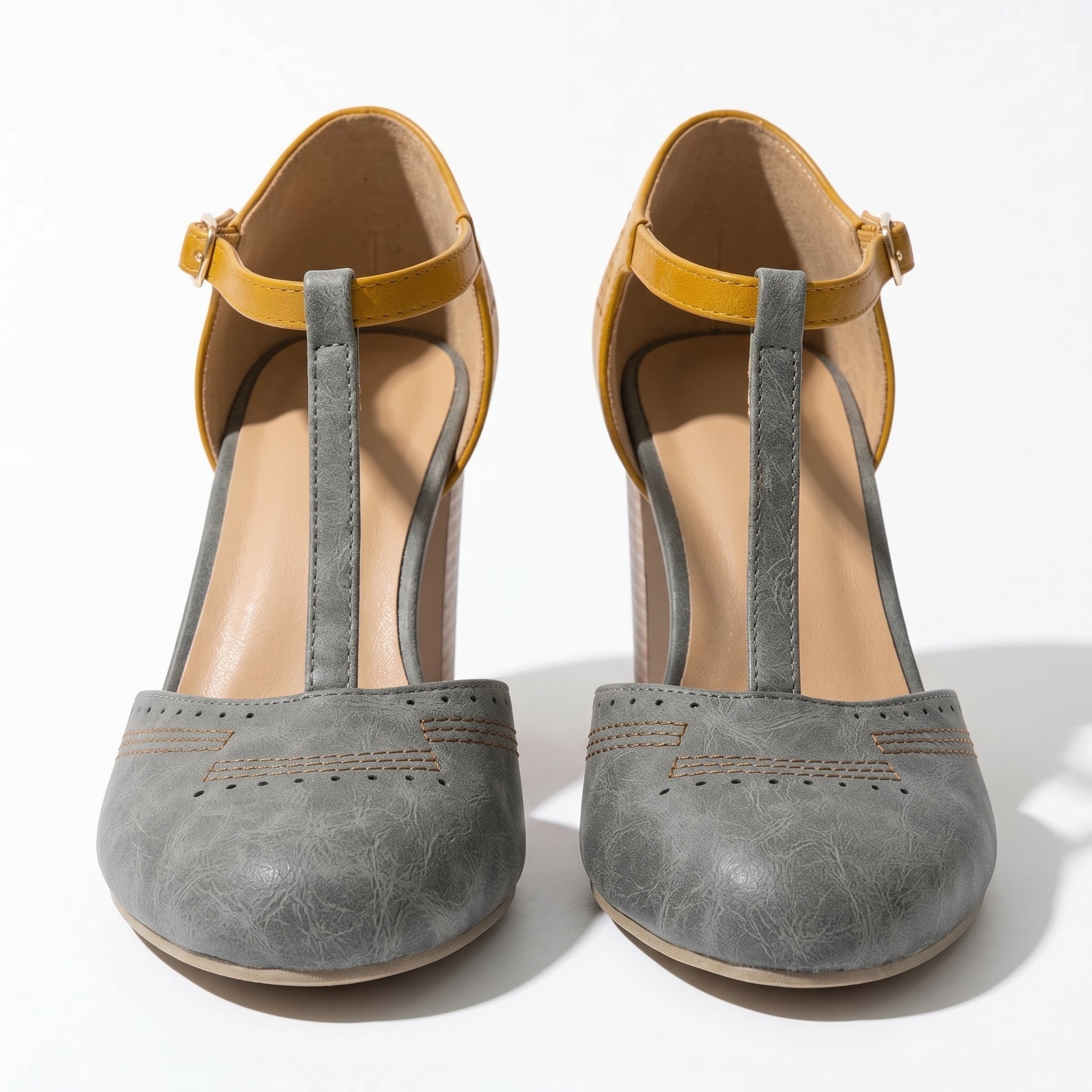 Eleanor - Women's T - Bar Block Heel Brogue Sandals - Brogue Sandals - Grey - Taylor & Bennett