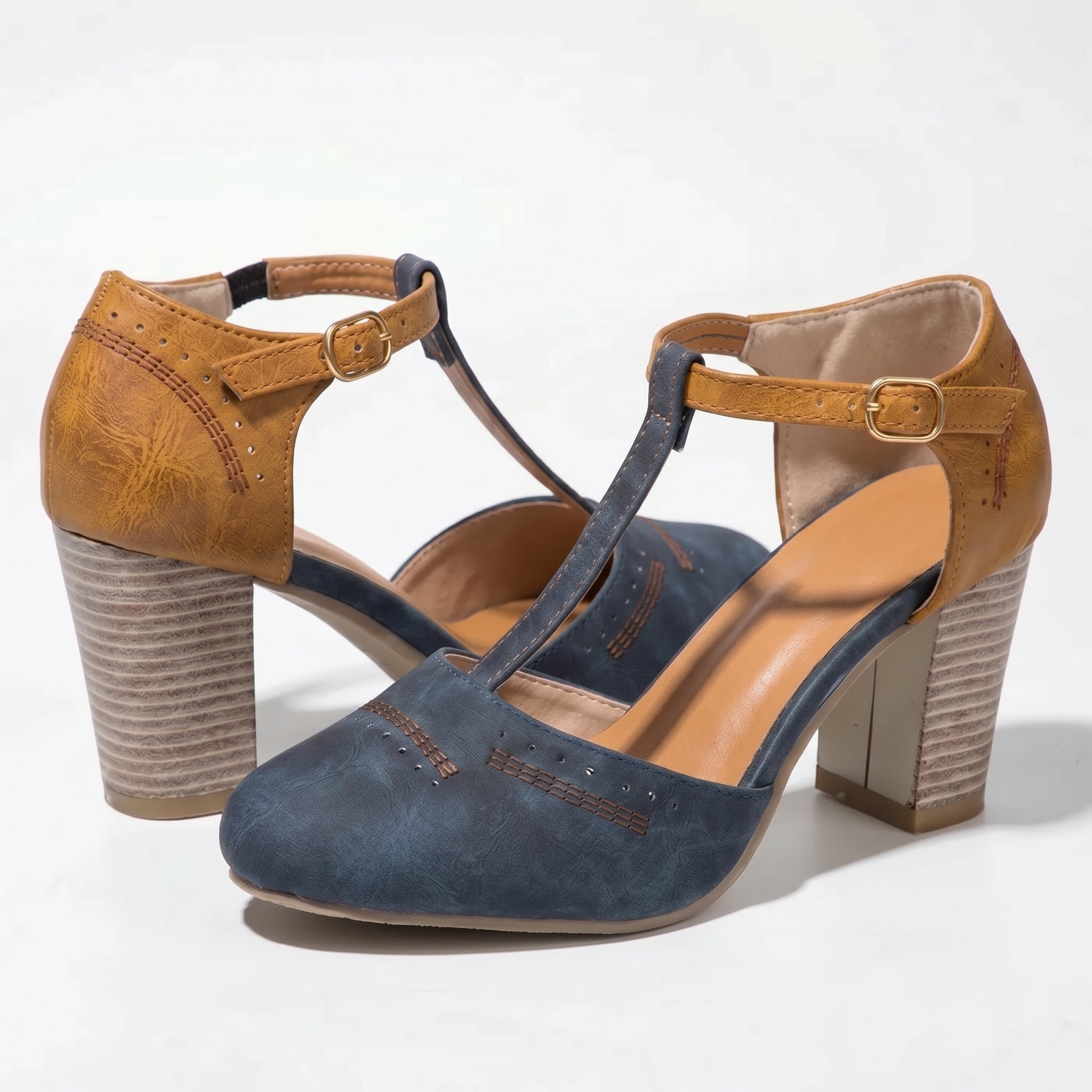 Eleanor - Women's T - Bar Block Heel Brogue Sandals - Brogue Sandals - Blue - Taylor & Bennett