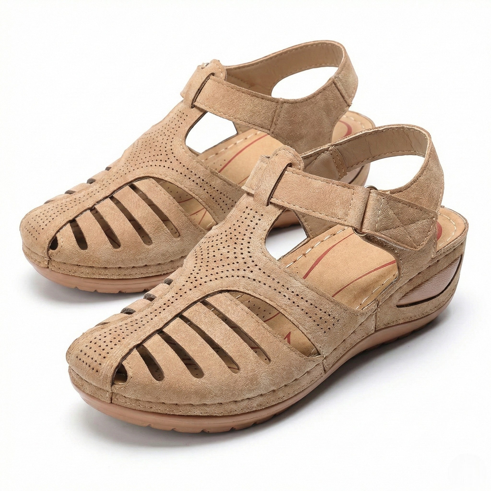 Eleanor - Women's Wedge Sandals with Breathable Cut - Outs - Sandals - Beige - Taylor & Bennett