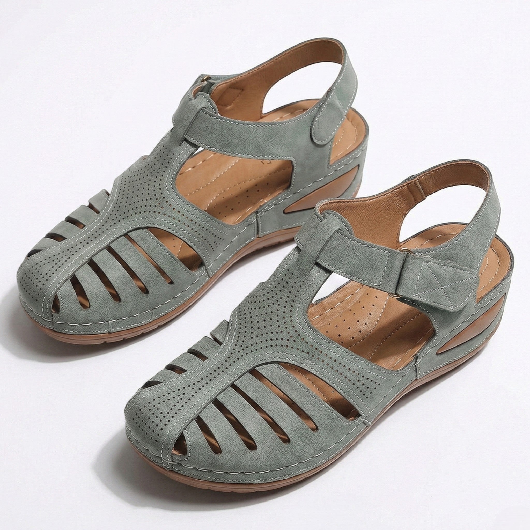 Eleanor - Women's Wedge Sandals with Breathable Cut - Outs - Sandals - Grey - Taylor & Bennett