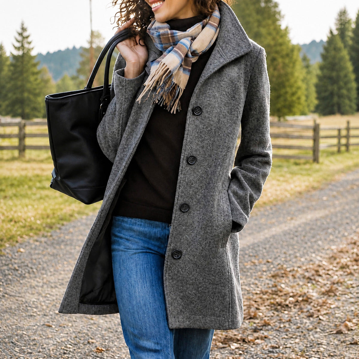 Eleanor - Women's Wool-Look Longline Coat with Button Front - Overcoats - Dark Grey - Taylor & Bennett