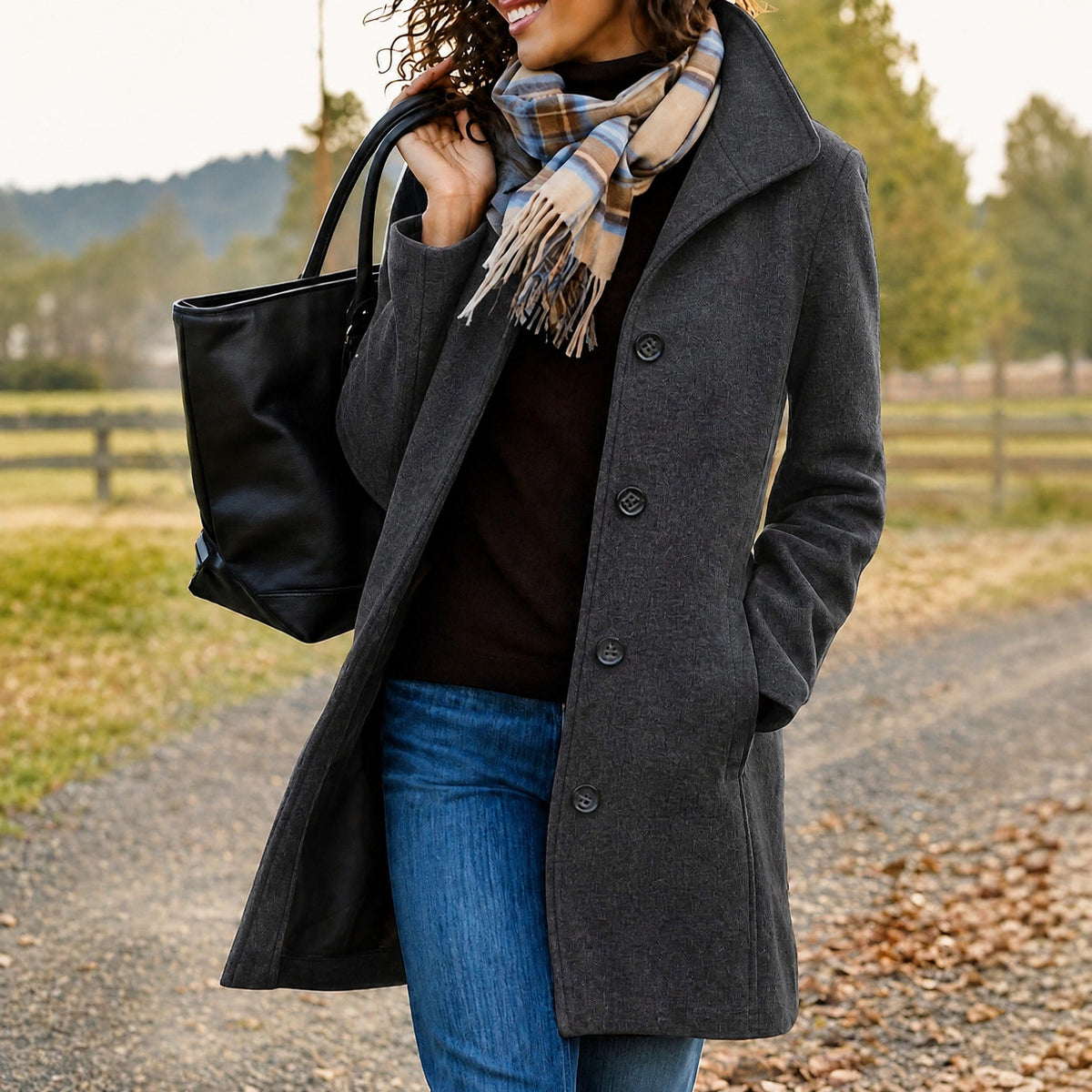 Eleanor - Women's Wool-Look Longline Coat with Button Front - Overcoats - Black - Taylor & Bennett