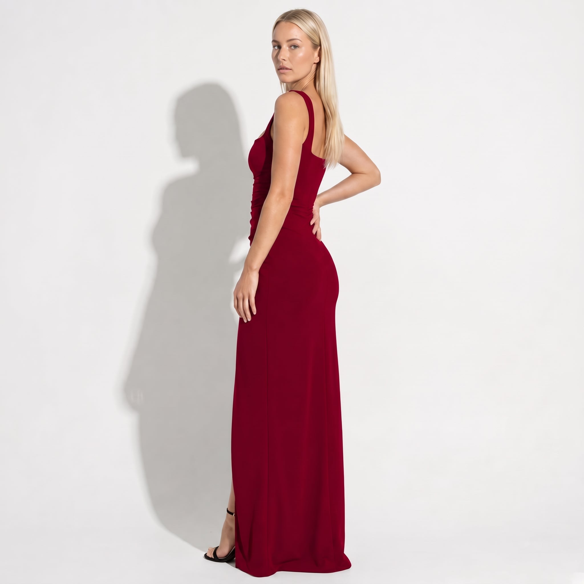 Elena - Women's Elegant Maxi Dress with High Slit - Maxi Dress - Burgundy - Taylor & Bennett