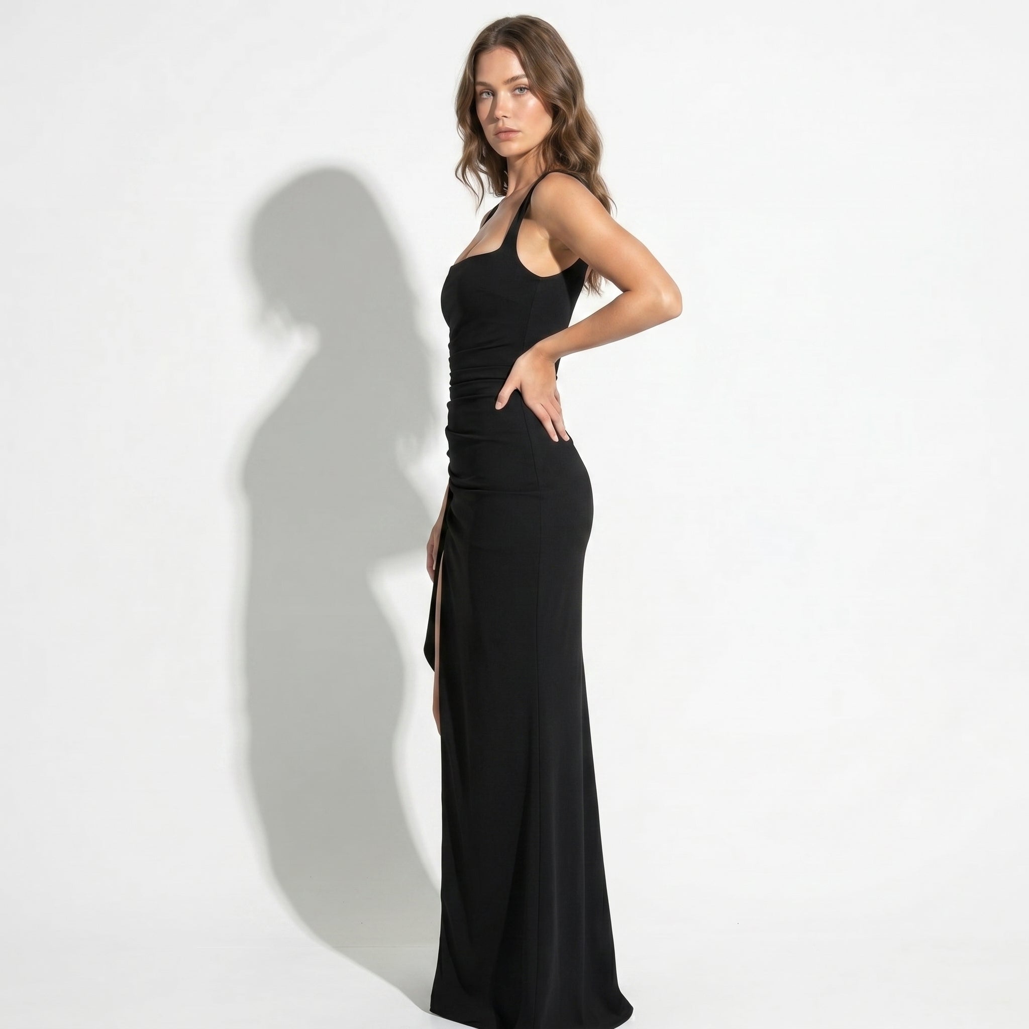 Elena - Women's Elegant Maxi Dress with High Slit - Maxi Dress - Black - Taylor & Bennett