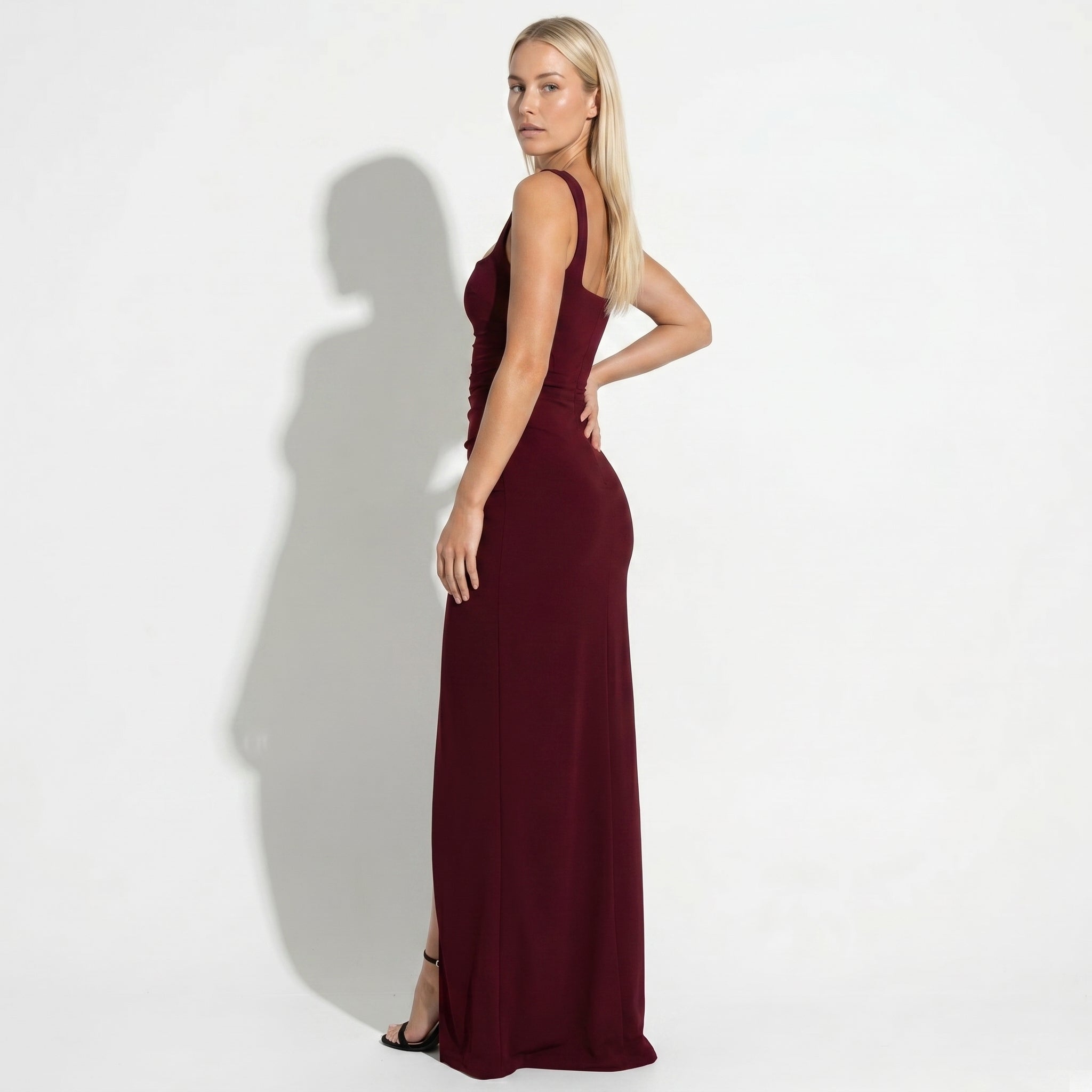 Elena - Women's Elegant Maxi Dress with High Slit - Maxi Dress - Burgundy - Taylor & Bennett