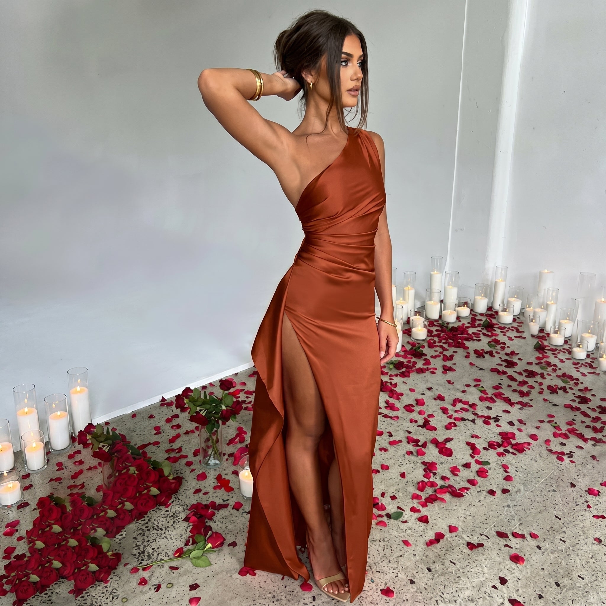 Elena - Women's Evening Ruched High Split Maxi Dress - Maxi Dress Women - Dark Brown - Taylor & Bennett