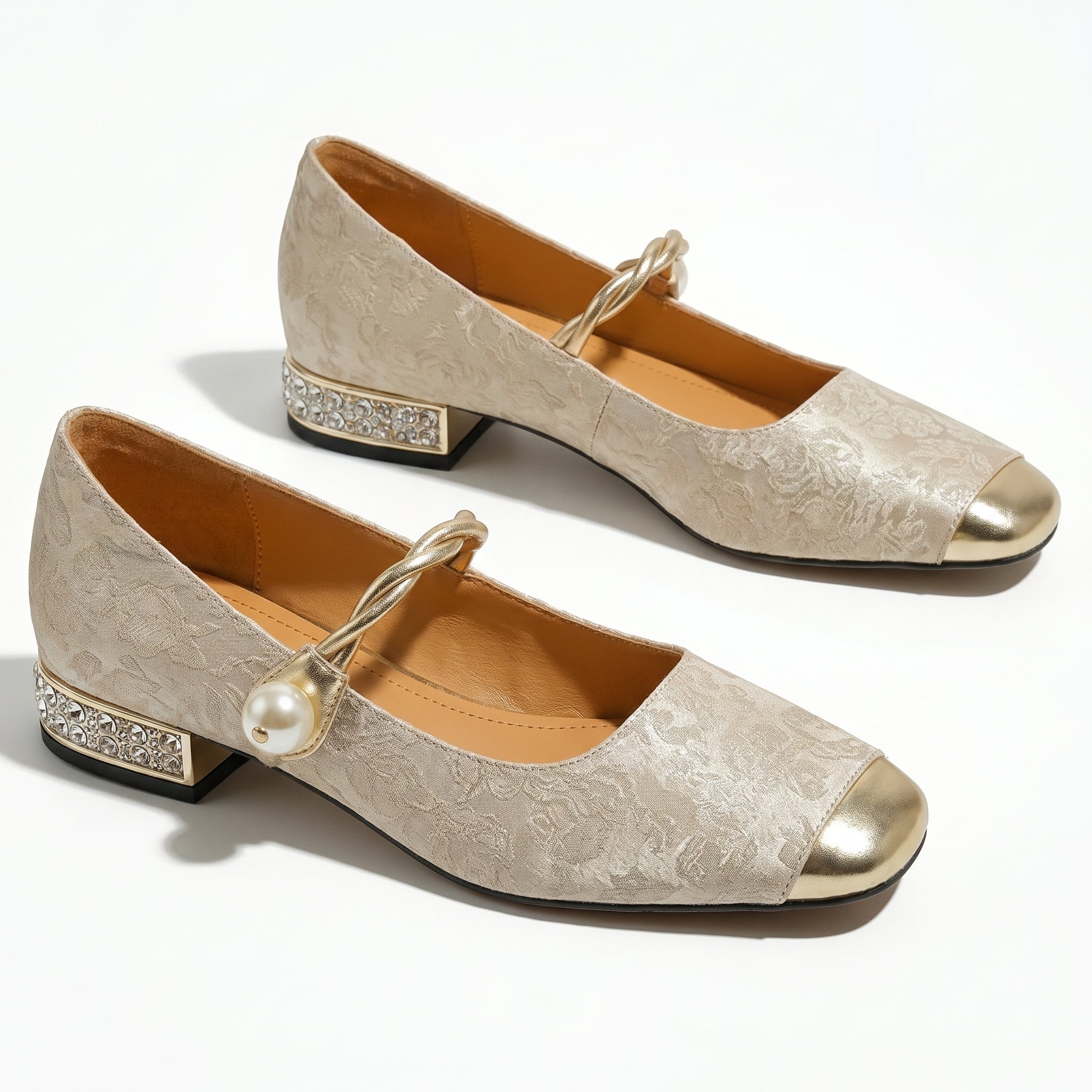 Elena - Women's Low Heel Pumps with Pearl Strap - Sandal - Beige - Taylor & Bennett