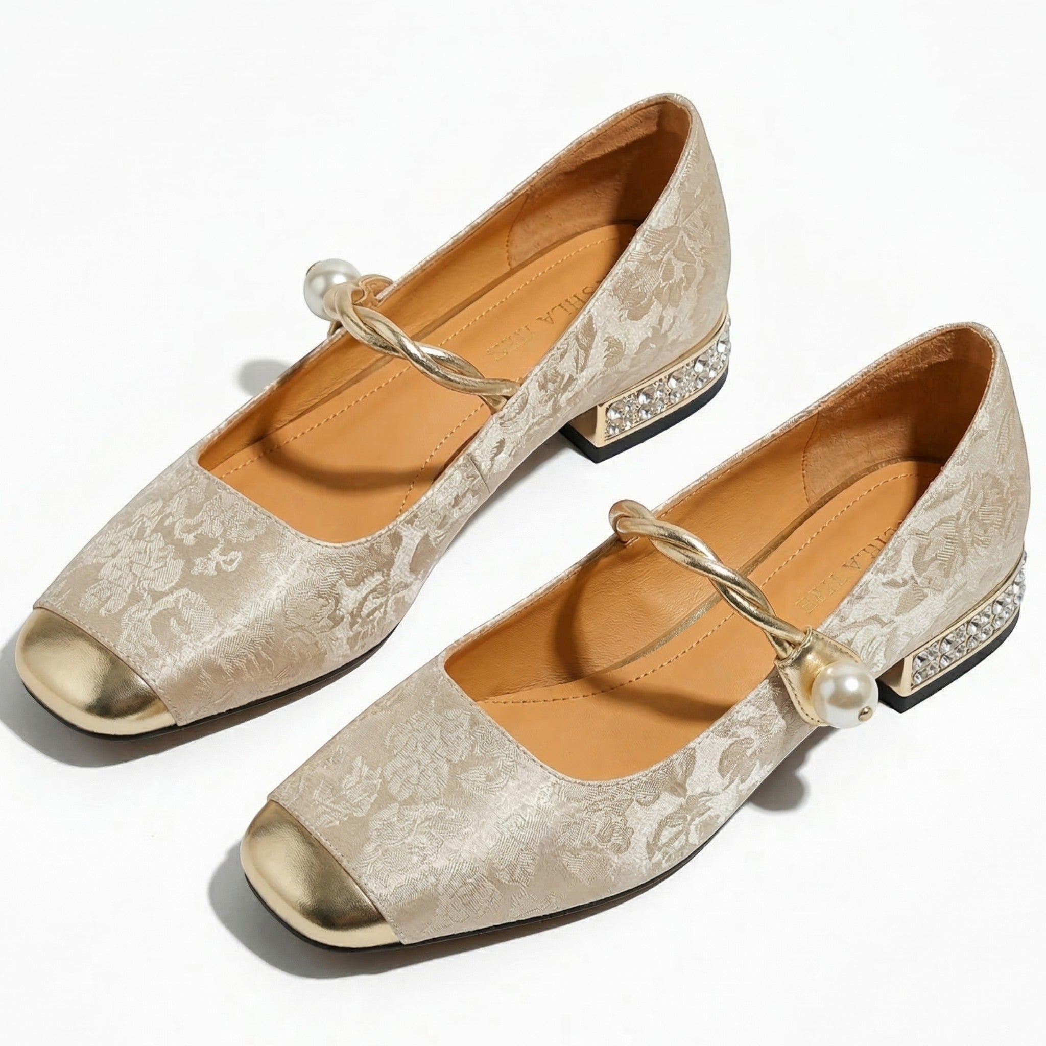 Elena - Women's Low Heel Pumps with Pearl Strap - Sandal - Beige - Taylor & Bennett