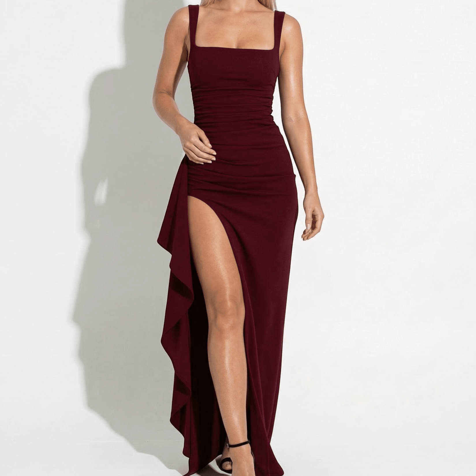 Elena - Women's Square Neck Maxi Dress with Side Slit - Maxi Dress - Burgundy - Taylor & Bennett