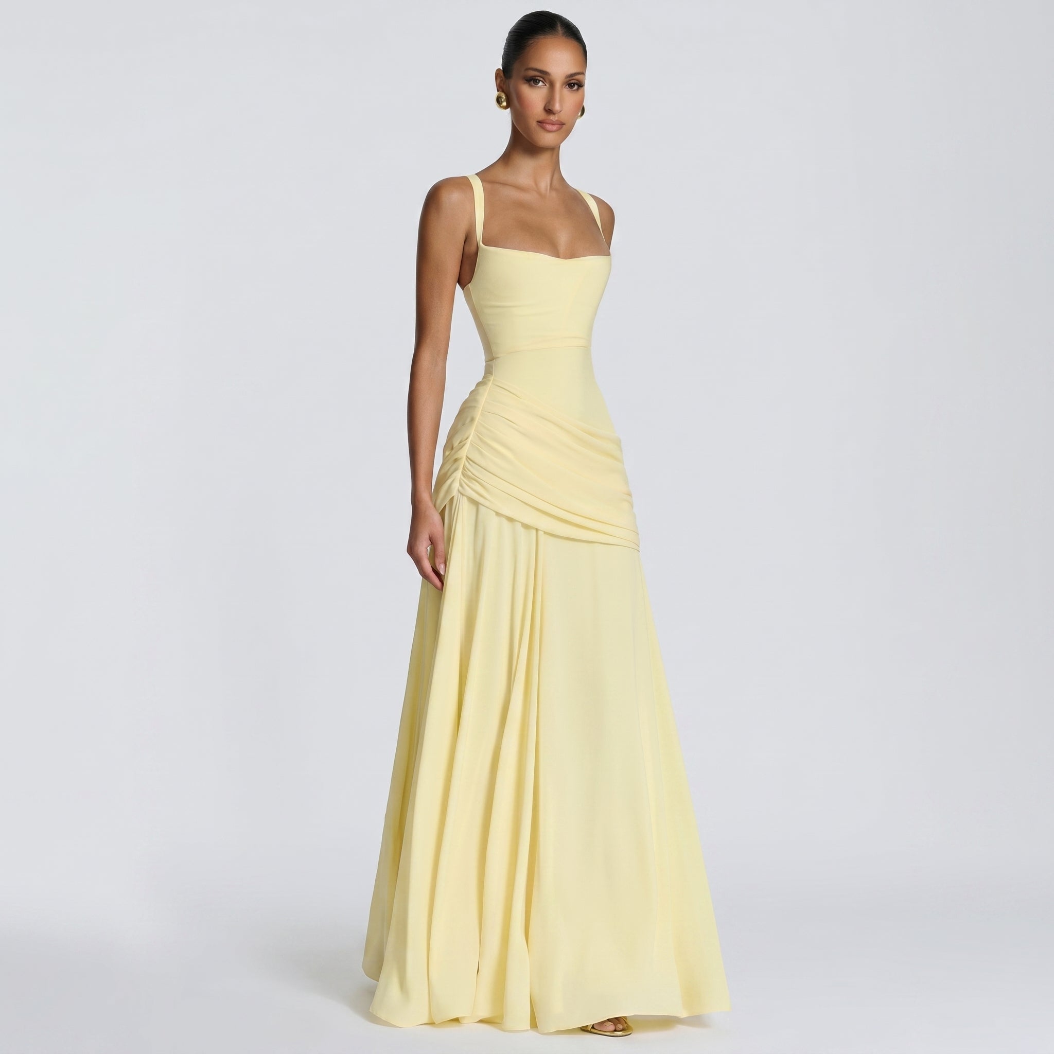 Elise - Women's Wedding Guest Ruched Maxi Dress - Maxi Dress - Yellow - Taylor & Bennett
