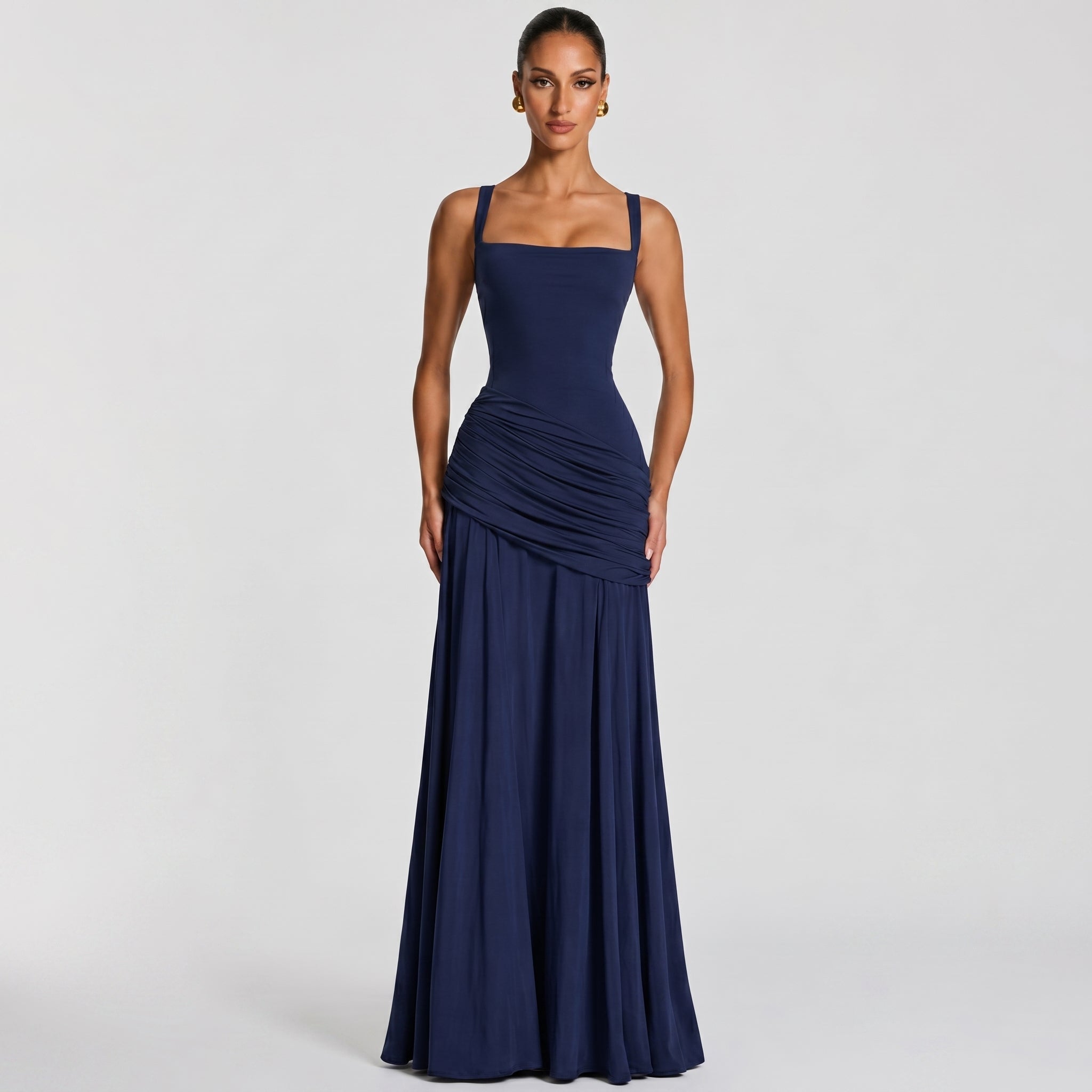 Elise - Women's Wedding Guest Ruched Maxi Dress - Maxi Dress - Dark Blue - Taylor & Bennett