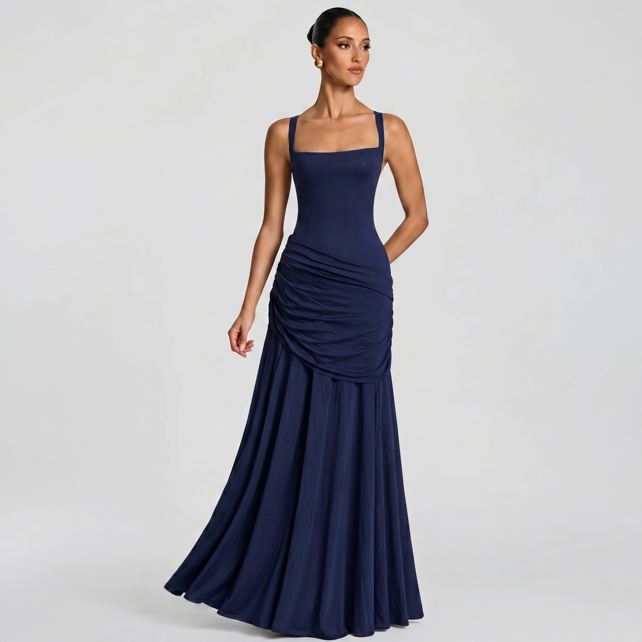 Elise - Women's Wedding Guest Ruched Maxi Dress - Maxi Dress - Dark Blue - Taylor & Bennett