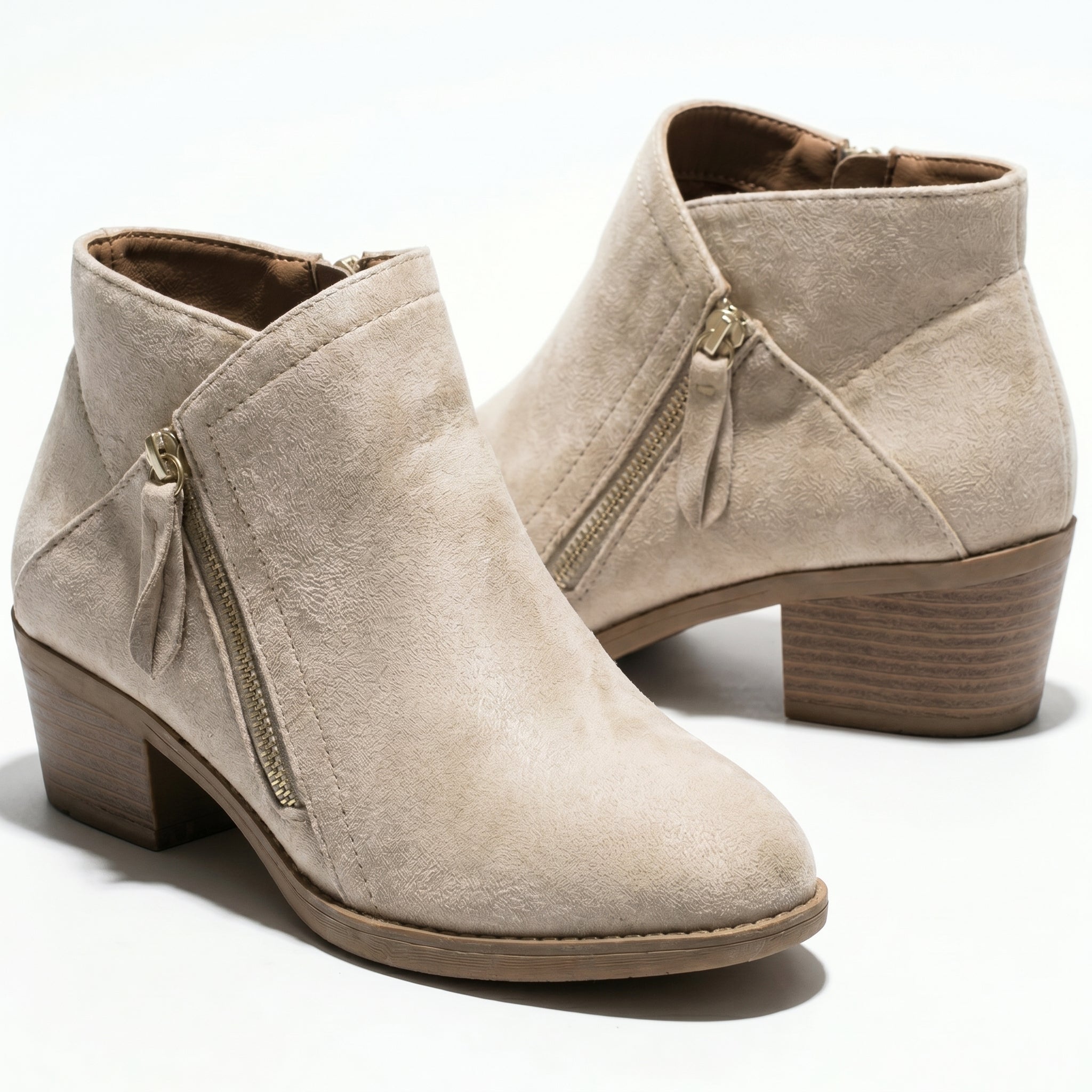 Eliza - Women's Side Zip Ankle Boots - Shoes - Beige - Taylor & Bennett