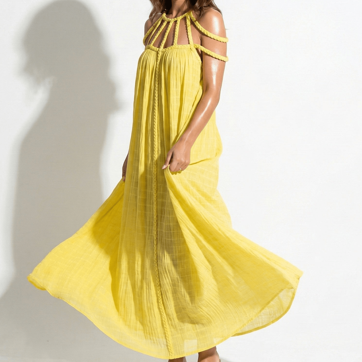Elizabeth - Women's Draped Rope Neck Cover - Up Maxi Dress - Dresses - Yellow - Taylor & Bennett