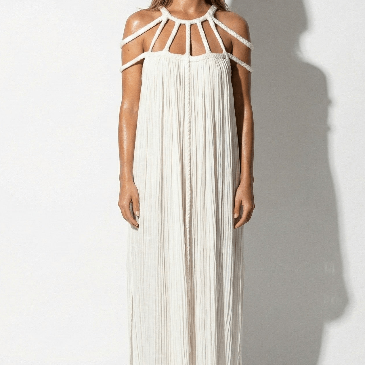 Elizabeth - Women's Draped Rope Neck Cover - Up Maxi Dress - Dresses - White - Taylor & Bennett