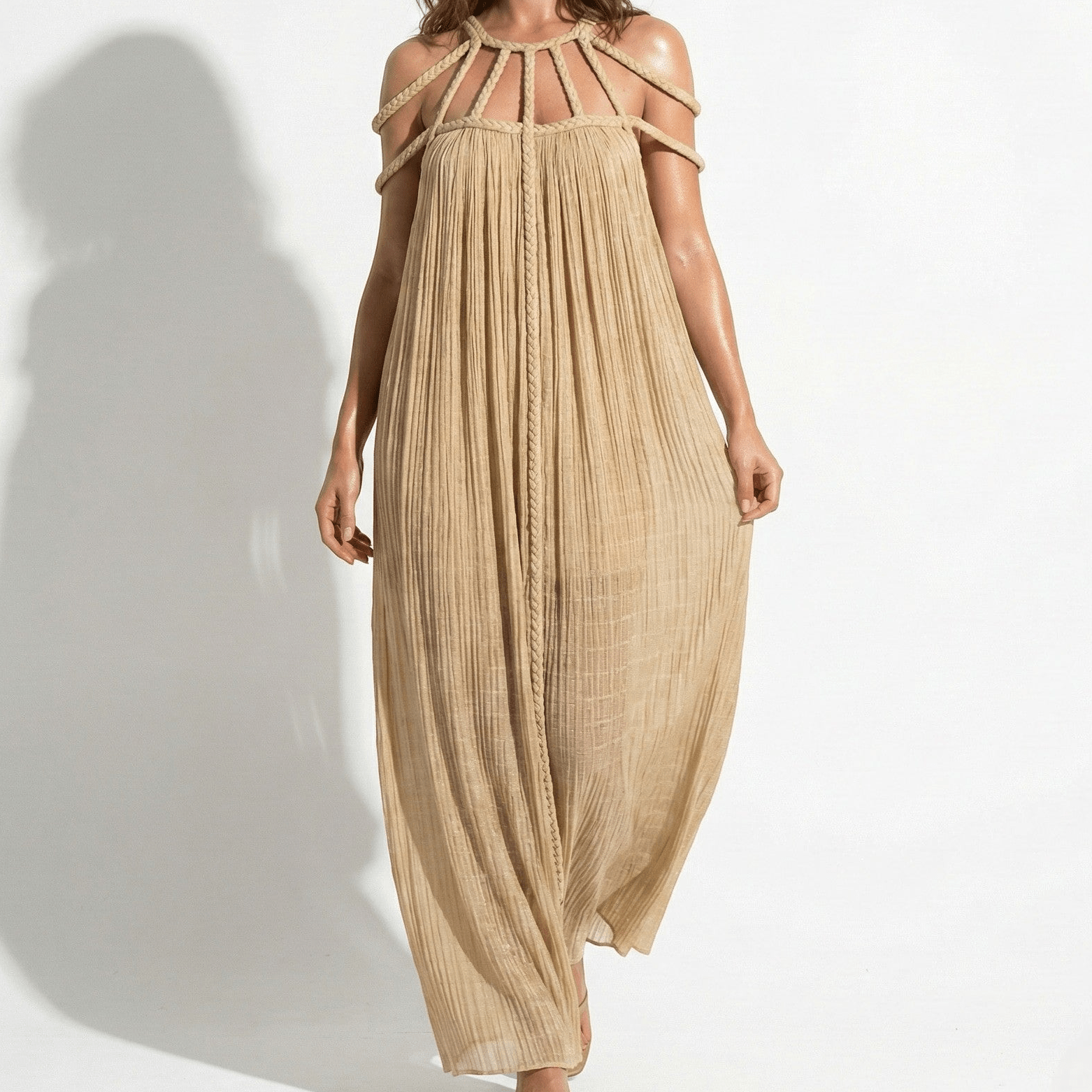 Elizabeth - Women's Draped Rope Neck Cover - Up Maxi Dress - Dresses - Khaki - Taylor & Bennett