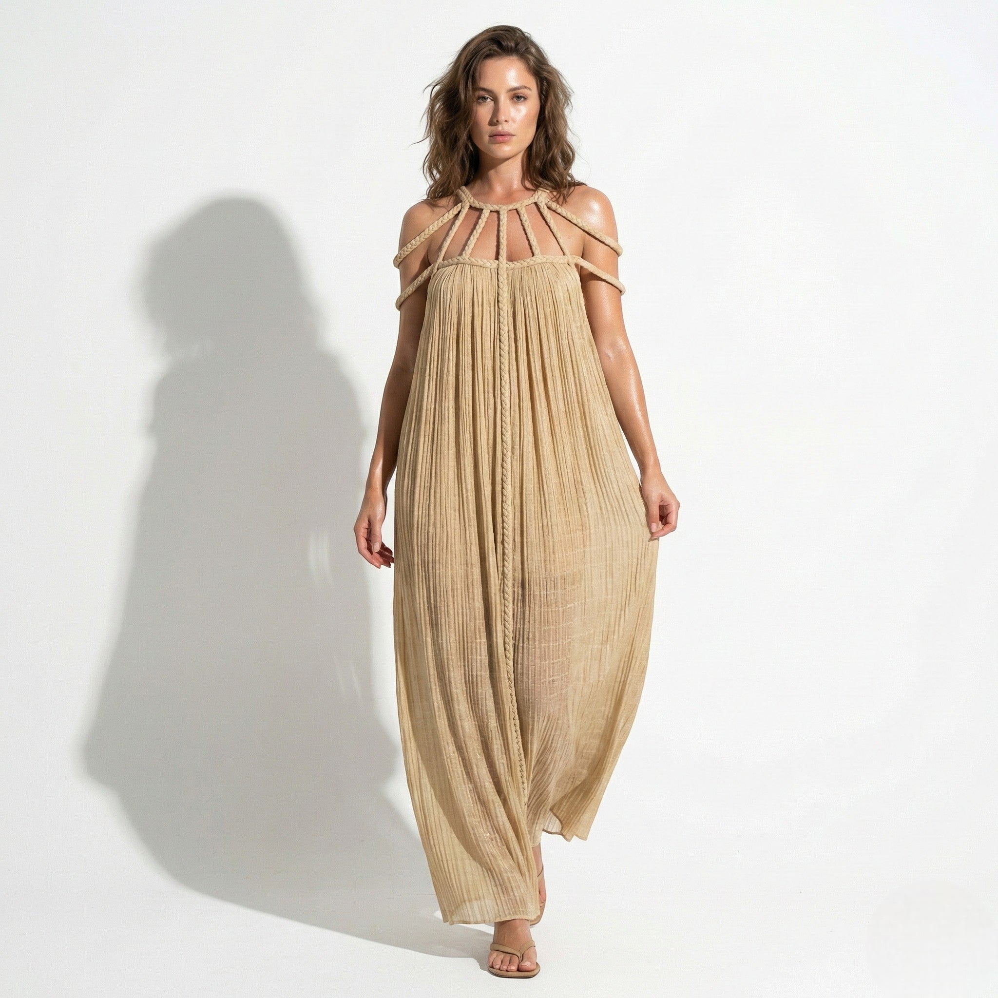 Elizabeth - Women's Draped Rope Neck Cover - Up Maxi Dress - Dresses - Khaki - Taylor & Bennett