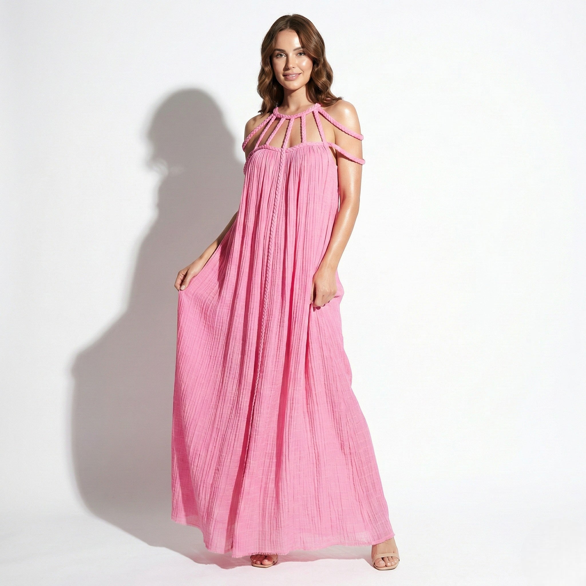 Elizabeth - Women's Draped Rope Neck Cover - Up Maxi Dress - Dresses - Pink - Taylor & Bennett