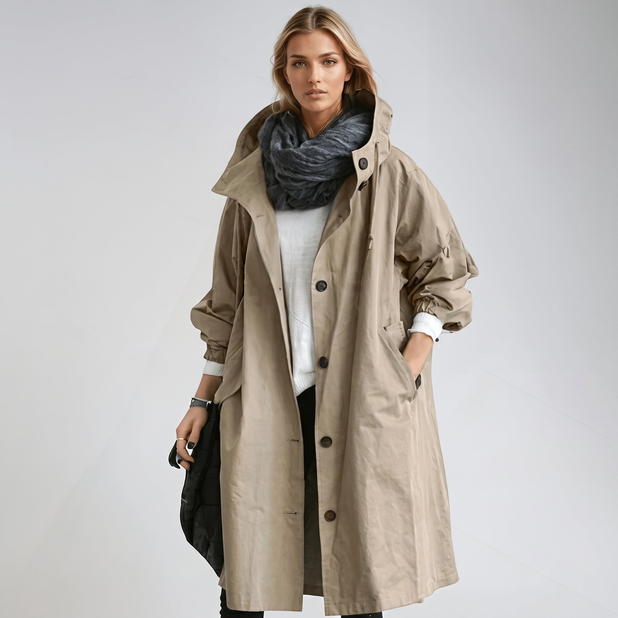 Elizabeth - Women's Hooded Longline Trench Coat with Drawstring Hood - Trench Coats - Brown - Taylor & Bennett