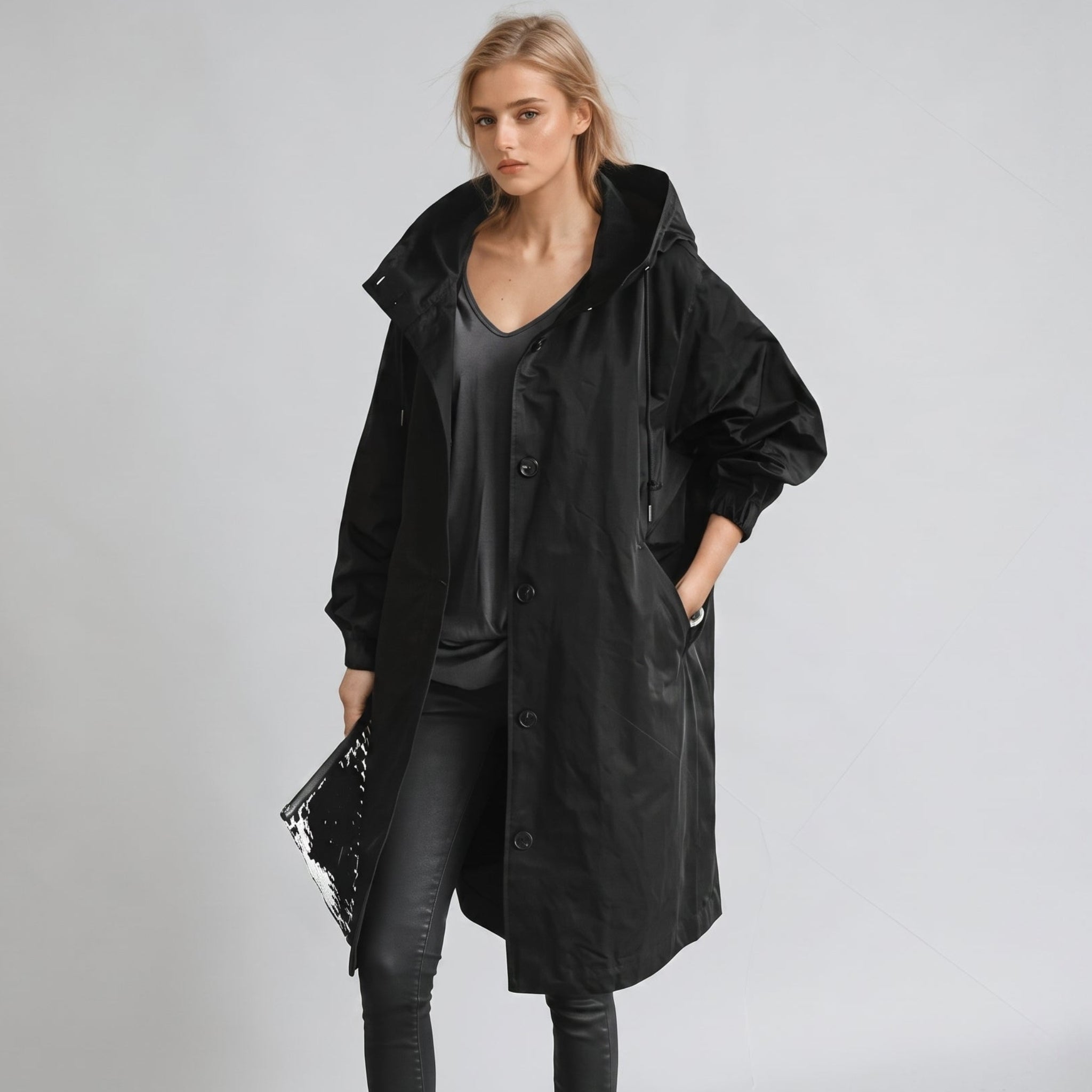 Elizabeth - Women's Hooded Longline Trench Coat with Drawstring Hood - Trench Coats - Black - Taylor & Bennett