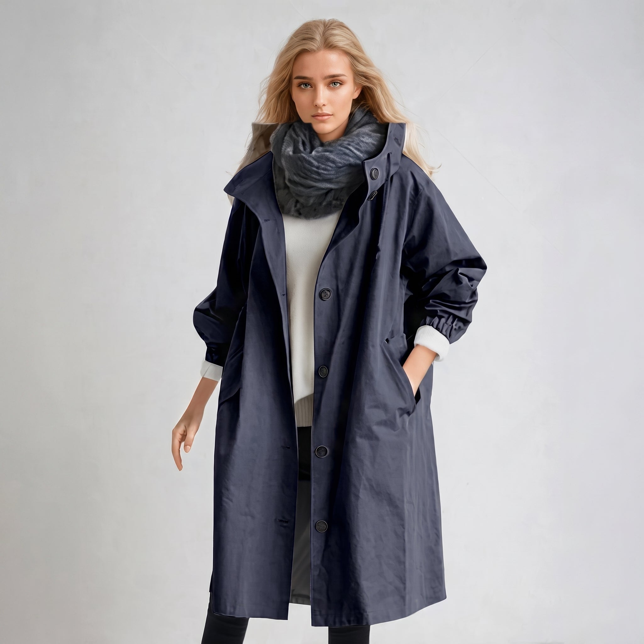 Elizabeth - Women's Hooded Longline Trench Coat with Drawstring Hood - Trench Coats - Navy Blue - Taylor & Bennett