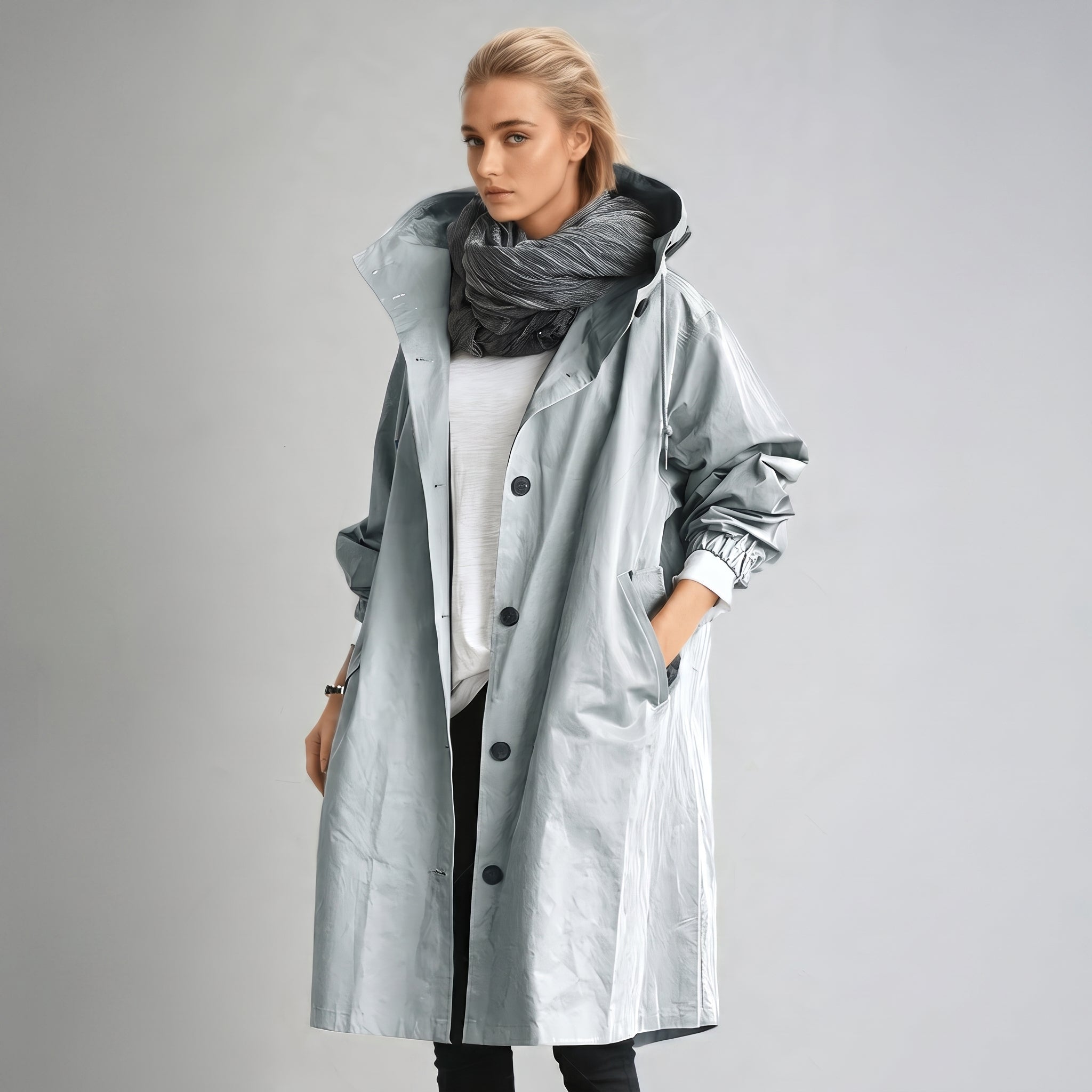 Elizabeth - Women's Hooded Longline Trench Coat with Drawstring Hood - Trench Coats - Light Blue - Taylor & Bennett