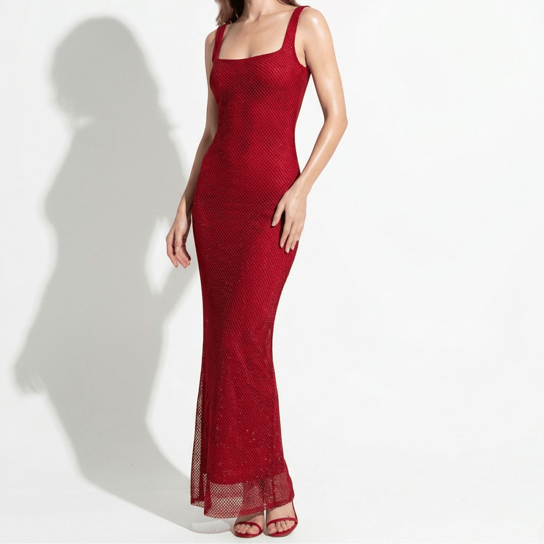 Elizabeth - Women's Shimmering Sequin Square Neck Maxi Dress - Maxi Dress - Red - Taylor & Bennett