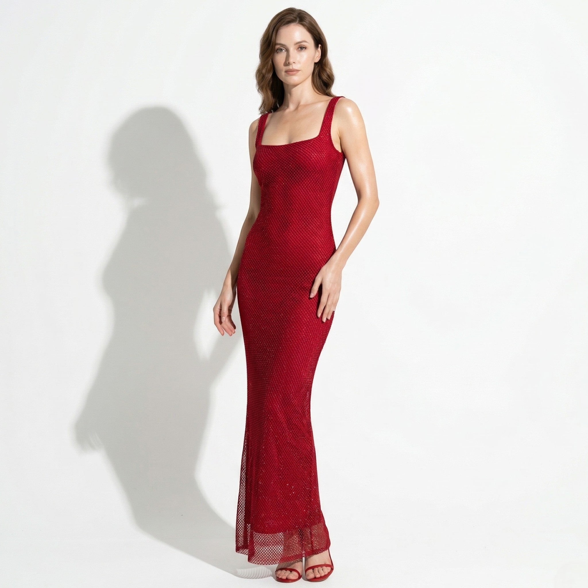 Elizabeth - Women's Shimmering Sequin Square Neck Maxi Dress - Maxi Dress - Red - Taylor & Bennett
