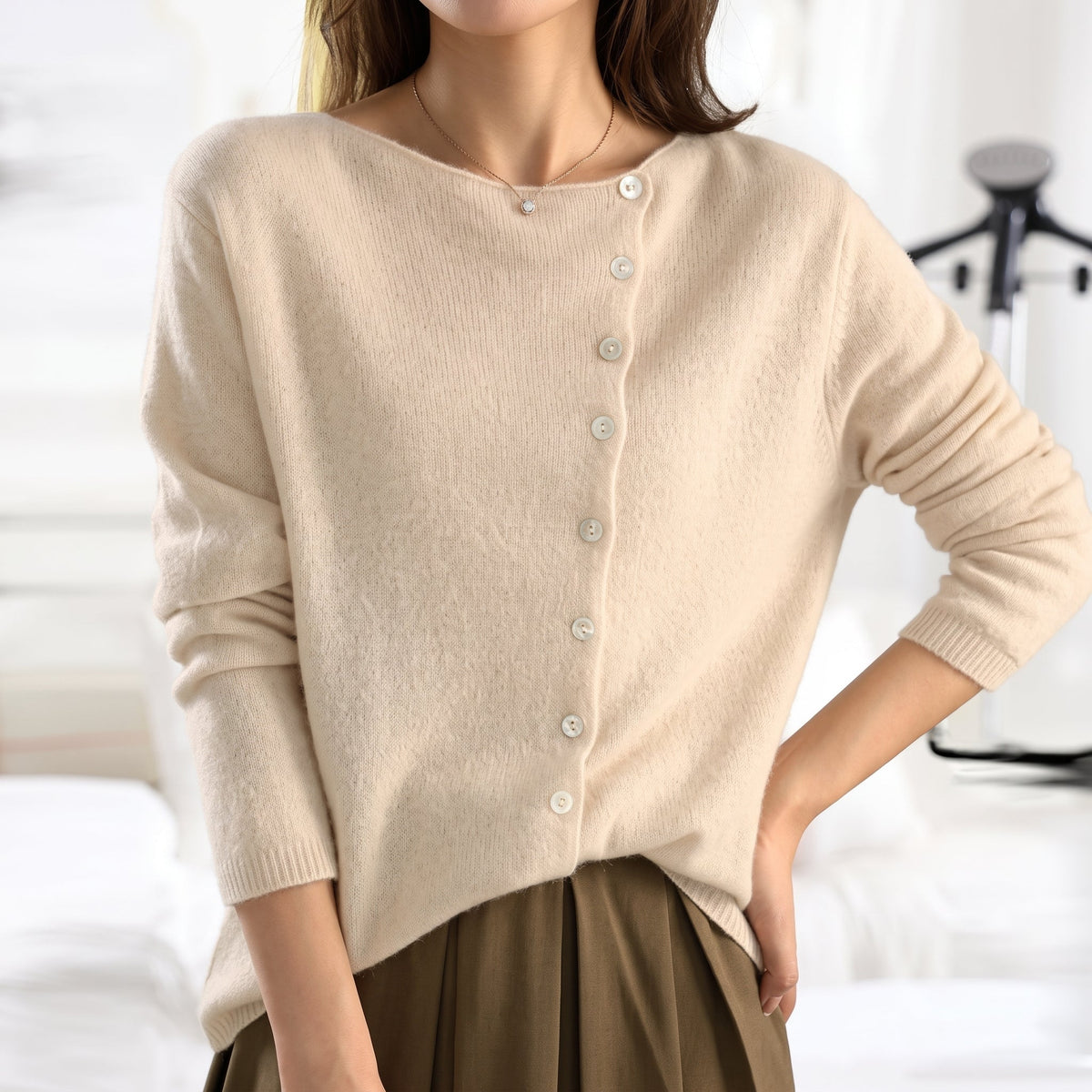 Emily - Women's Asymmetric Button-Front Long Sleeve Cardigan - Cardigans - Beige - Taylor & Bennett