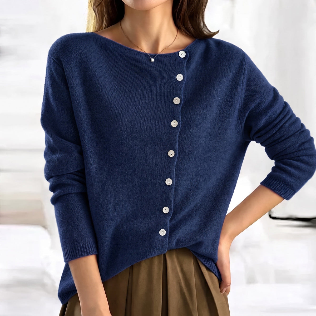 Emily - Women's Asymmetric Button-Front Long Sleeve Cardigan - Cardigans - Navy Blue - Taylor & Bennett