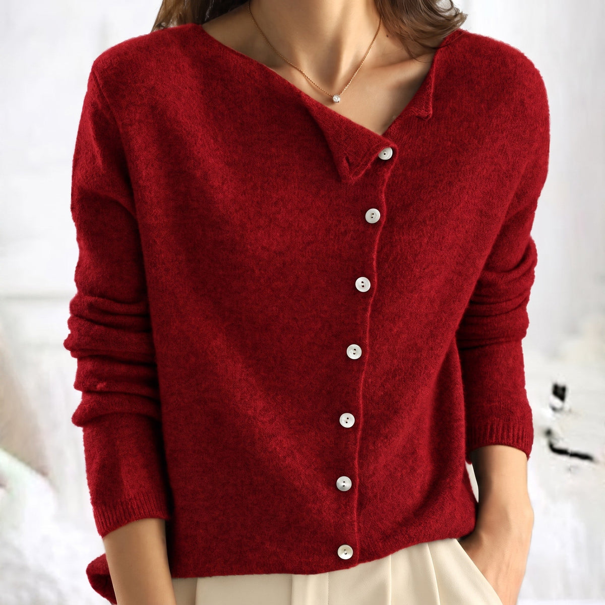 Emily - Women's Asymmetric Button-Front Long Sleeve Cardigan - Cardigans - Red - Taylor & Bennett
