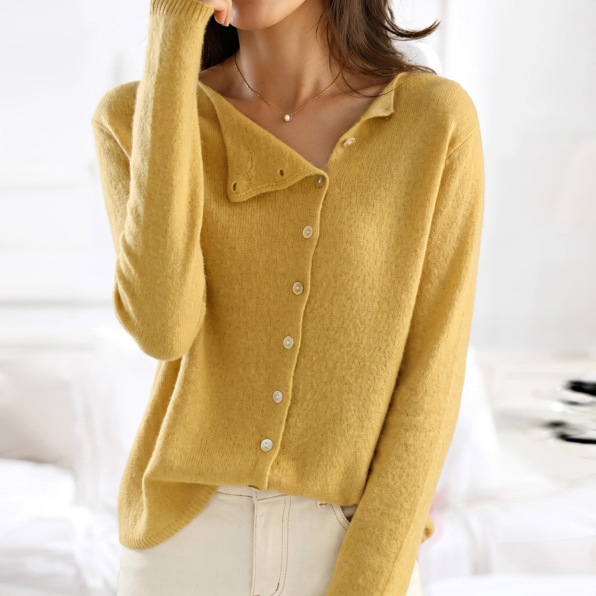 Emily - Women's Asymmetric Button-Front Long Sleeve Cardigan - Cardigans - Yellow - Taylor & Bennett