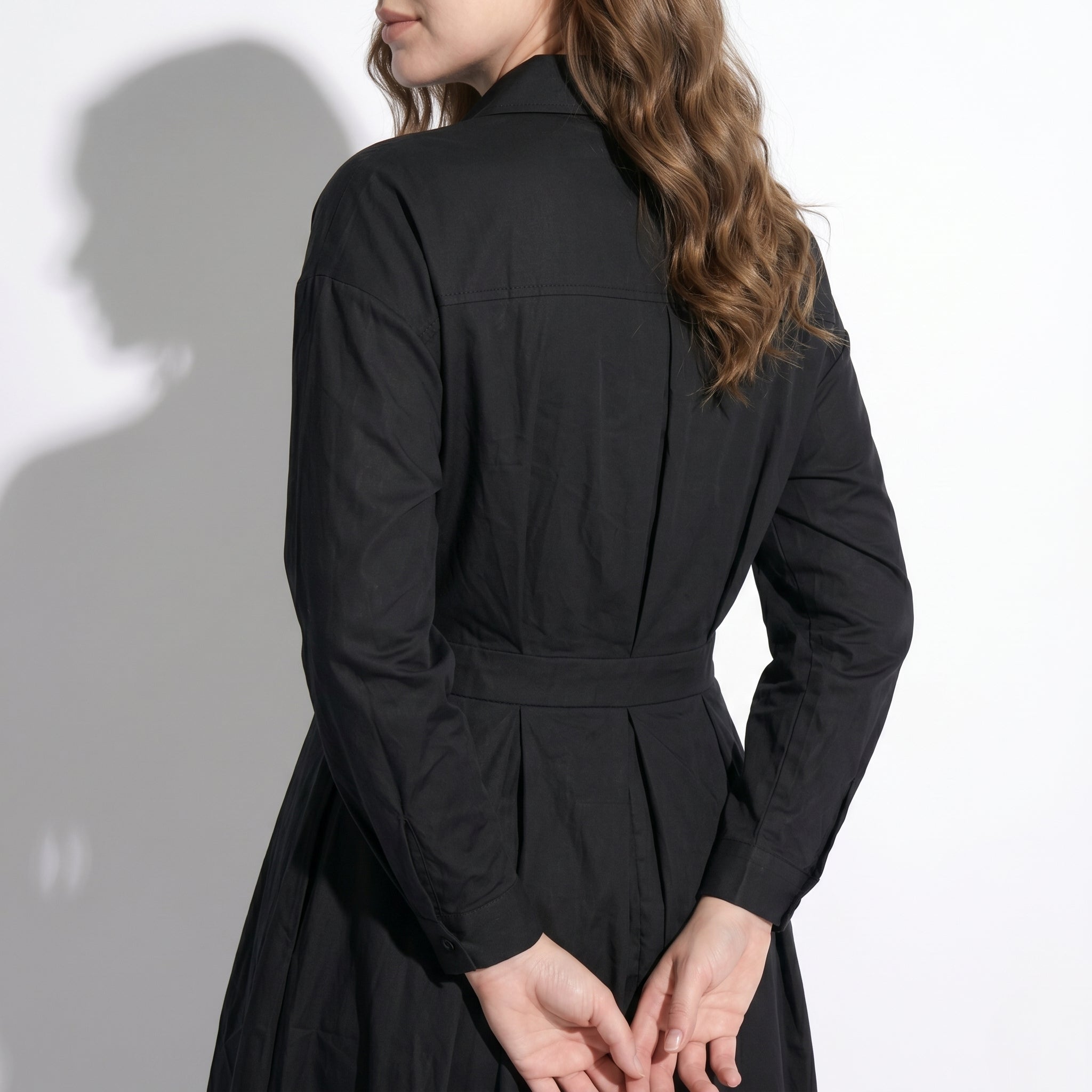 Emily - Women's Evening  Long Sleeve Pleated Midi Dress - Dresses - Black - Taylor & Bennett