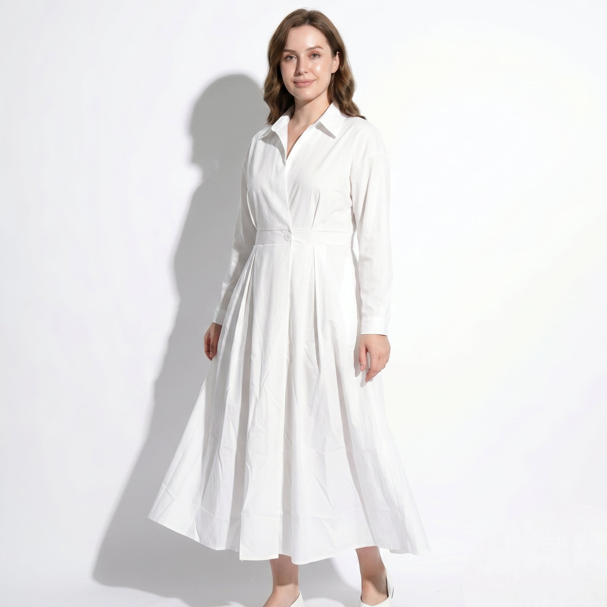 Emily - Women's Evening  Long Sleeve Pleated Midi Dress - Dresses - White - Taylor & Bennett