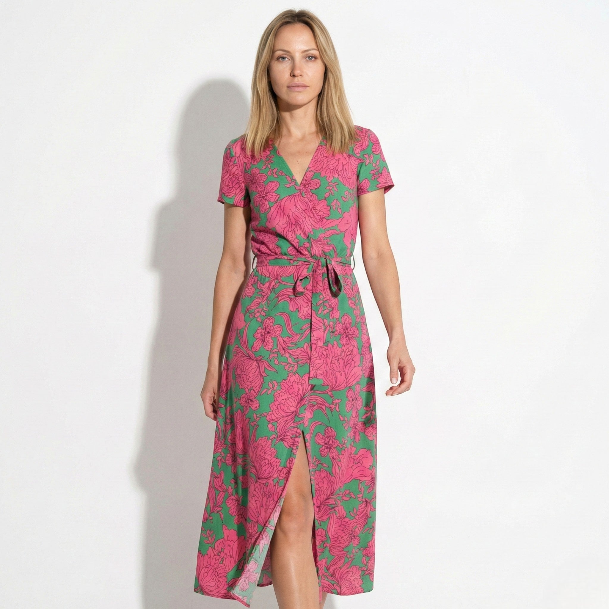 Emily - Women's Floral Wrap Maxi Dress with V - Neck - Dress - Pink - Taylor & Bennett