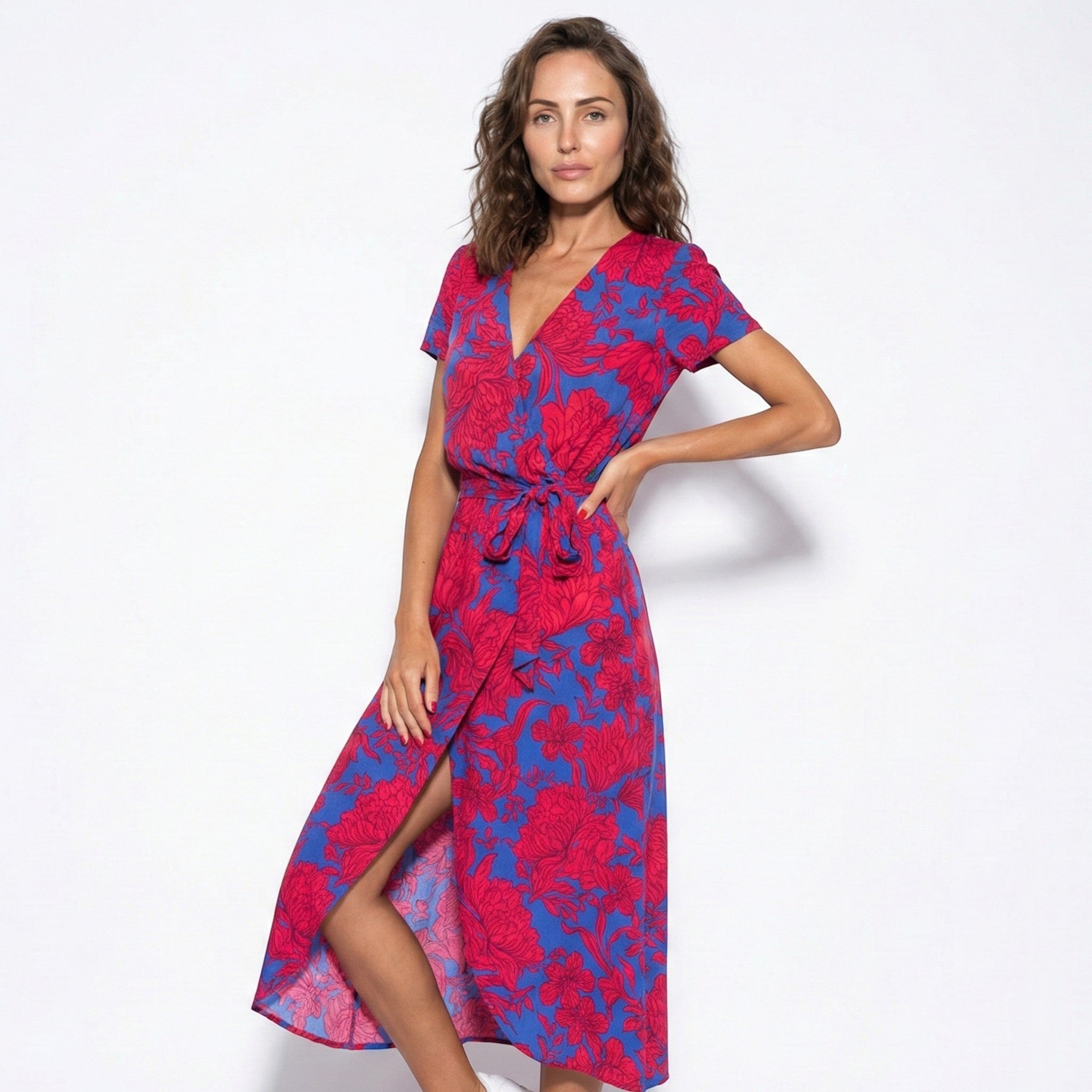 Emily - Women's Floral Wrap Maxi Dress with V - Neck - Dress - Red/Blue - Taylor & Bennett
