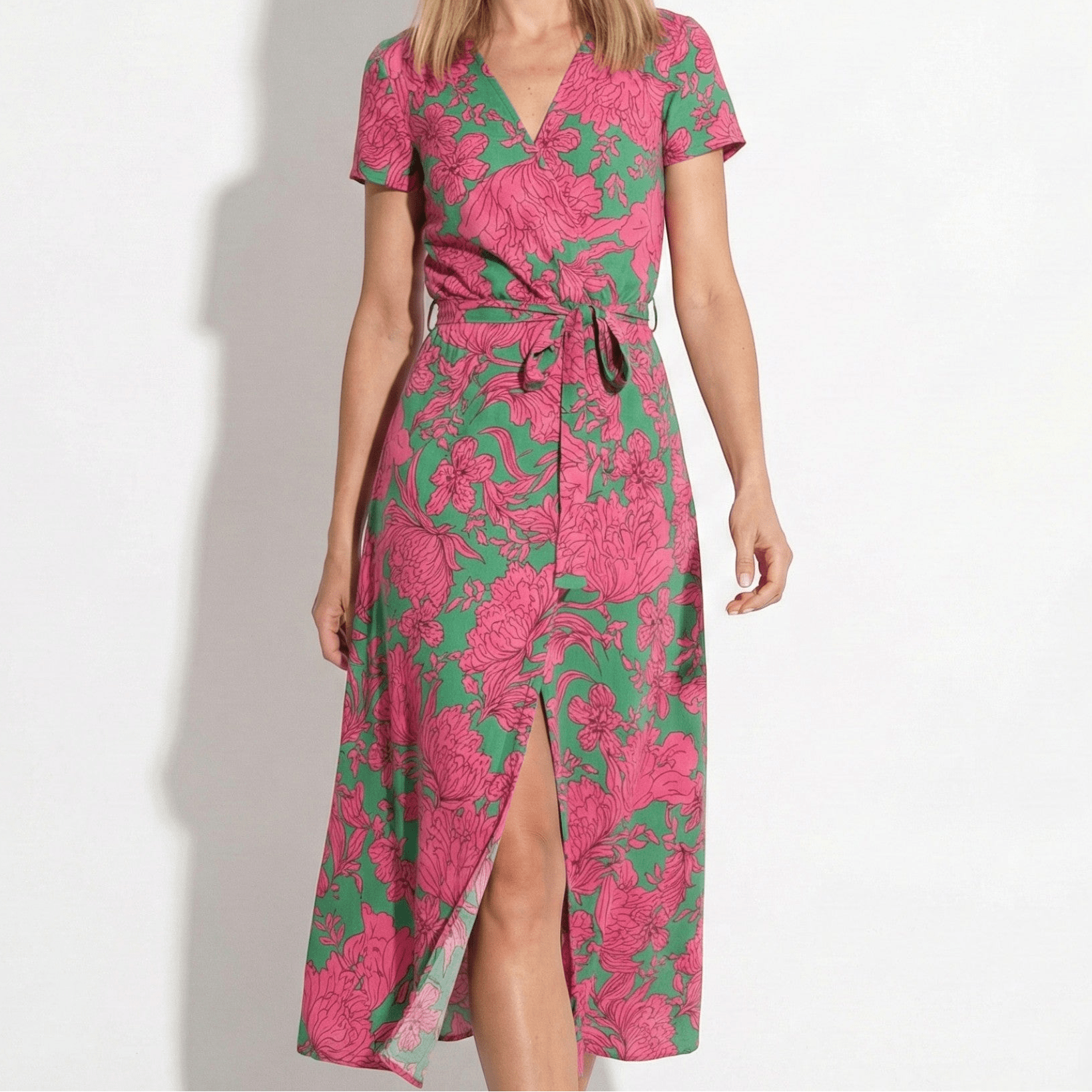 Emily - Women's Floral Wrap Maxi Dress with V - Neck - Dress - Pink - Taylor & Bennett