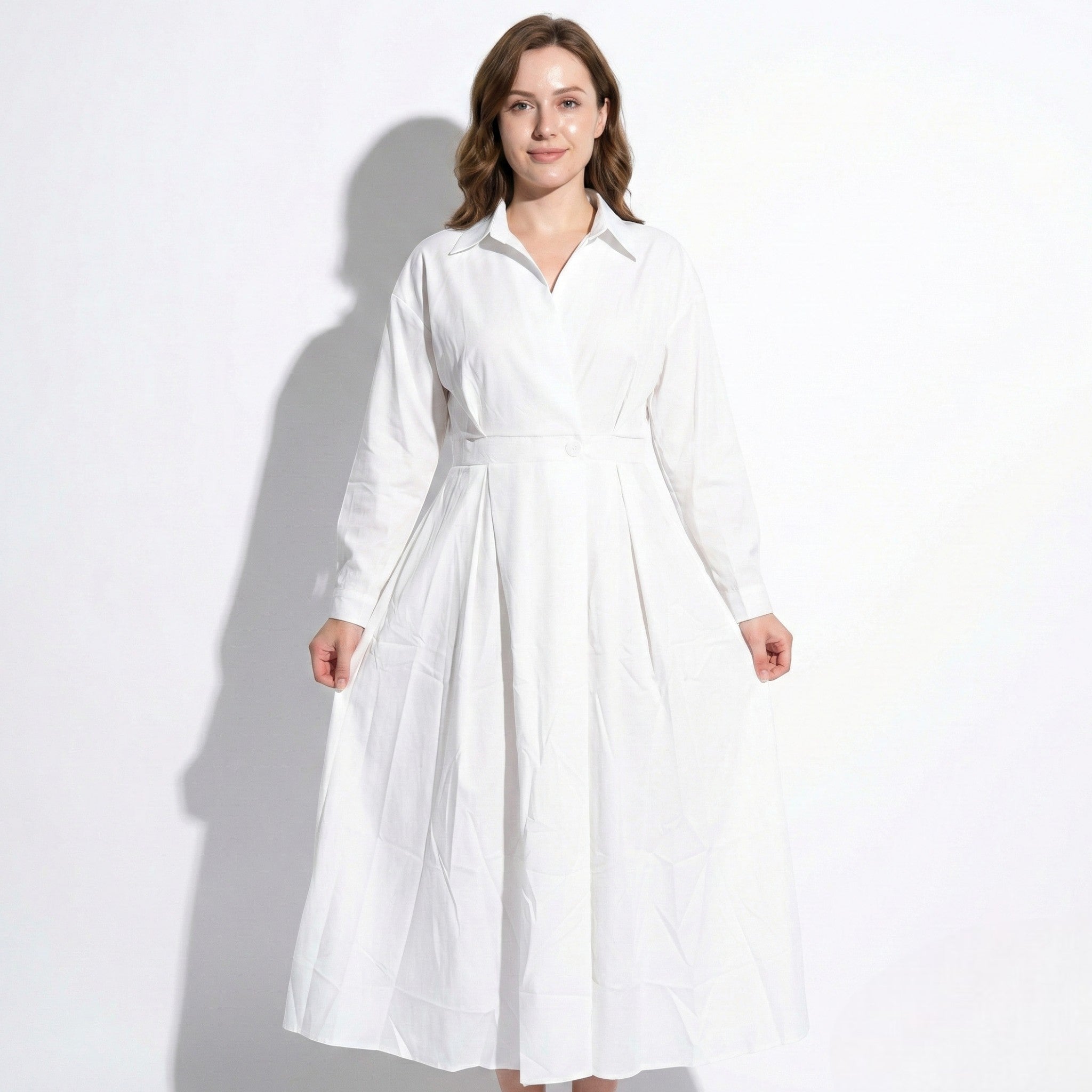 Emily - Women's Midi Shirt Dress with Buttons and Long Sleeves - Dresses - White - Taylor & Bennett