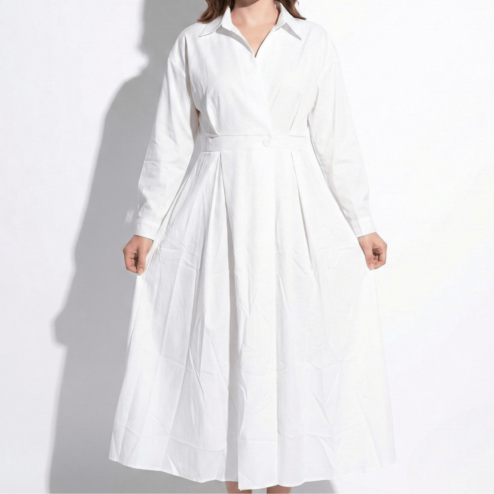Emily - Women's Midi Shirt Dress with Buttons and Long Sleeves - Dresses - White - Taylor & Bennett