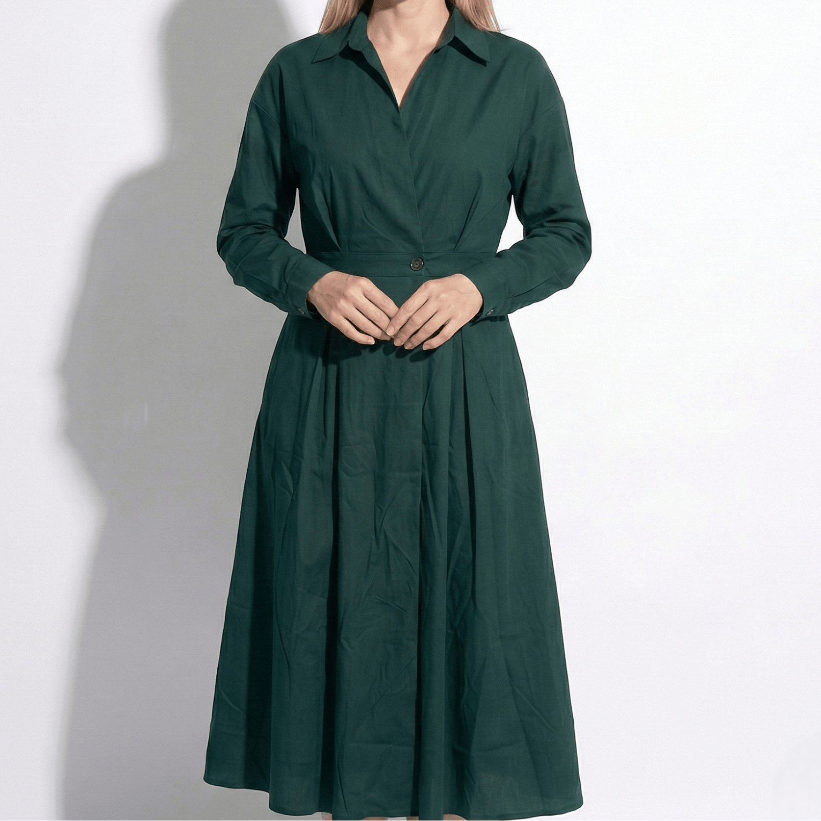 Emily - Women's Midi Shirt Dress with Buttons and Long Sleeves - Dresses - Army Green - Taylor & Bennett