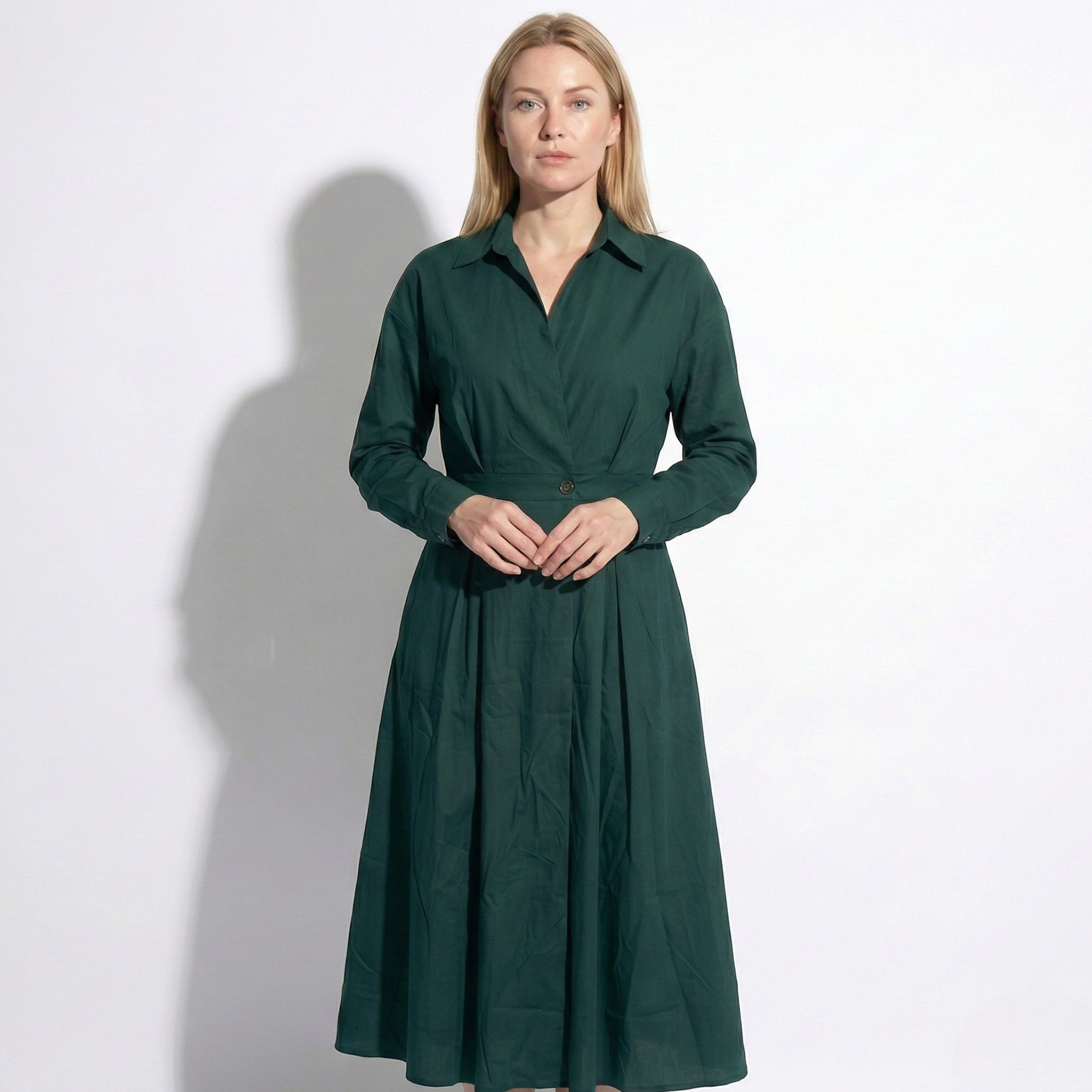 Emily - Women's Midi Shirt Dress with Buttons and Long Sleeves - Dresses - Black - Taylor & Bennett