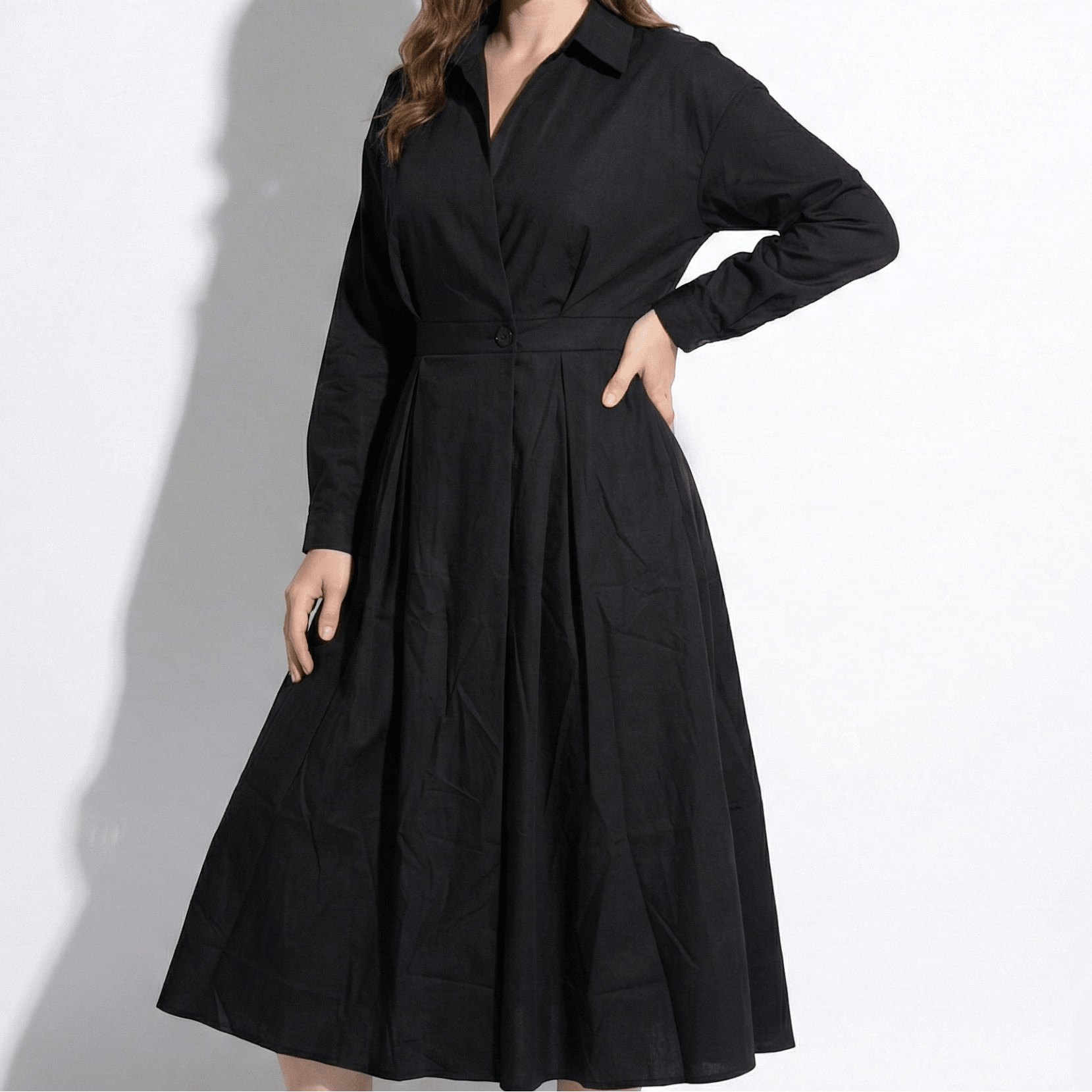 Emily - Women's Midi Shirt Dress with Buttons and Long Sleeves - Dresses - Black - Taylor & Bennett