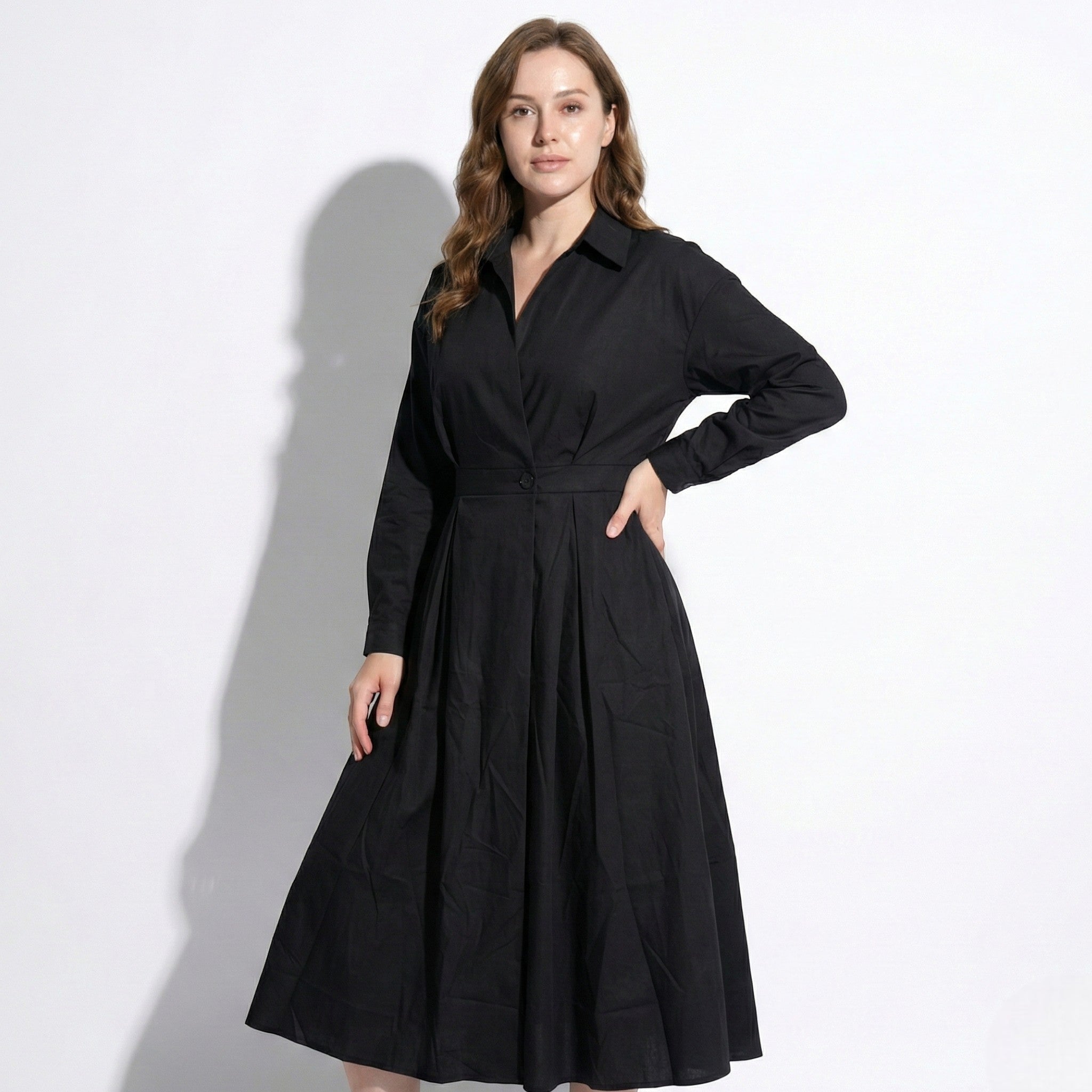Emily - Women's Midi Shirt Dress with Buttons and Long Sleeves - Dresses - Black - Taylor & Bennett